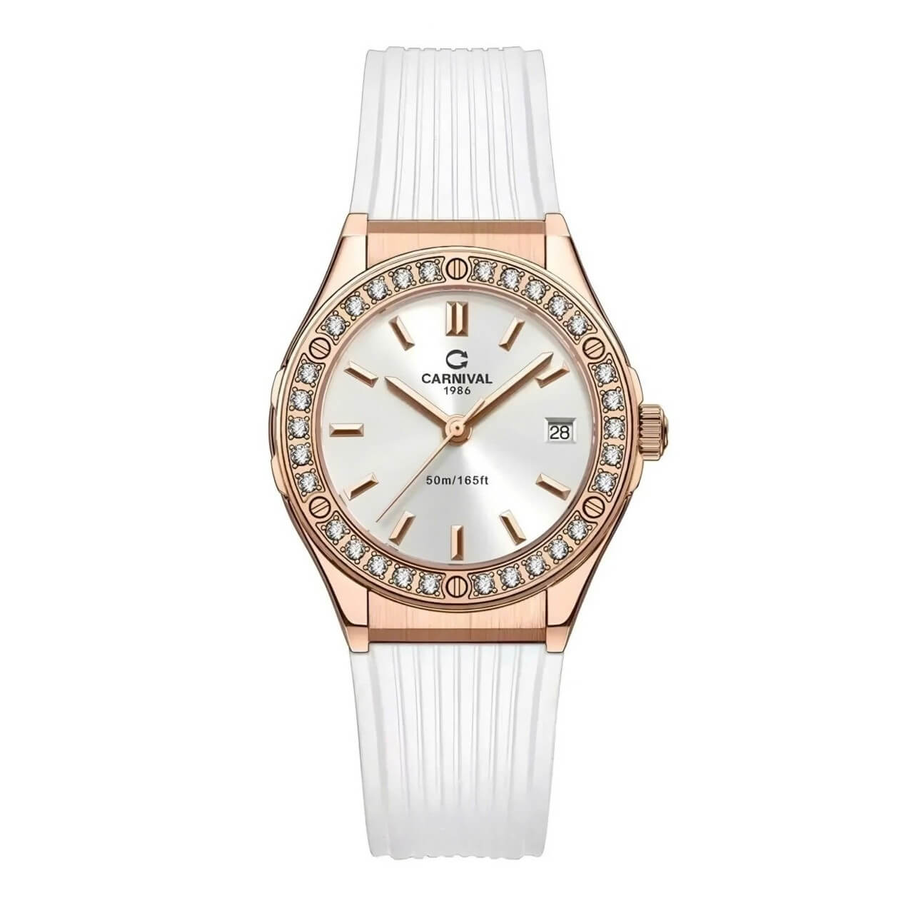 Đồng Hồ Nữ Carnival 8168L2 Dây Cao Su Trắng Mặt Trắng Đính Đá Rose Size 34mm Quartz 8168L2-VH-DCS-T1