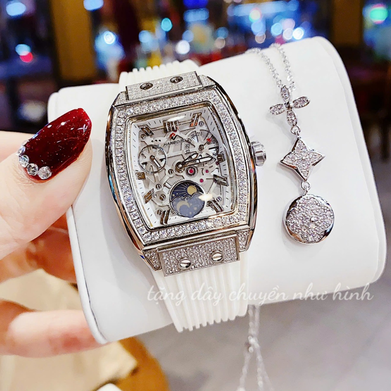 Đồng hồ Hanboro nữ dây cao su đính đá chính hãng, Hanboro moonphase mặt vuông size 36mm