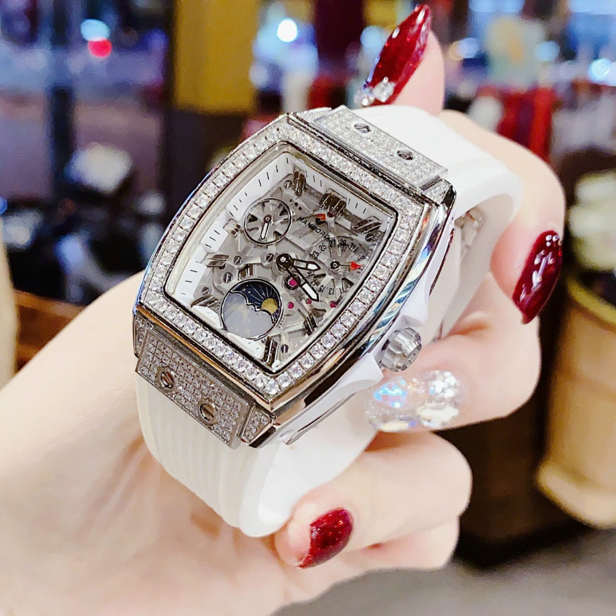 Đồng hồ Hanboro nữ dây cao su đính đá chính hãng, Hanboro moonphase mặt vuông size 36mm