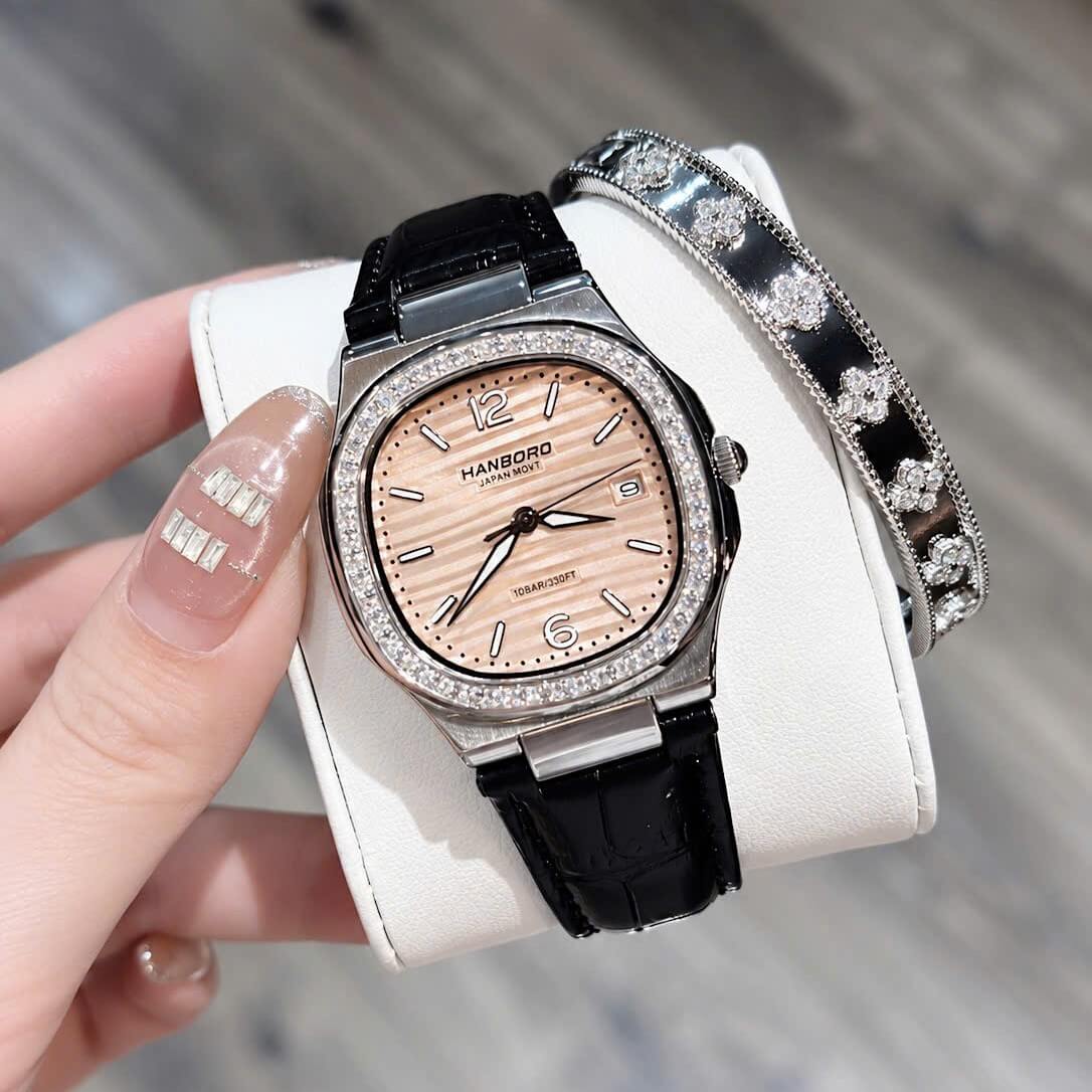 Đồng Hồ Hanboro Nữ Chính Hãng Dây Da Đen Mặt Cam Sữa Viền Đính Đá Size 34mm Quartz Japan Tặng Kèm Vòng Tay