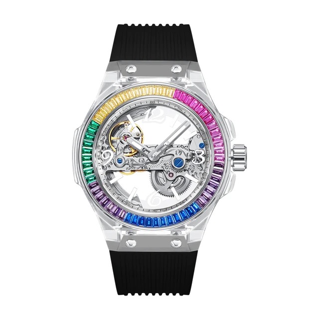 Đồng Hồ Unisex Hanboro Rainbow Máy Tự Động Dây Cao Su Đen 43mm