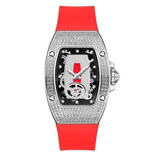 Đồng Hồ Hanboro Nữ HBR 8003 Dây Cao Su Đỏ Silver 31x44mm