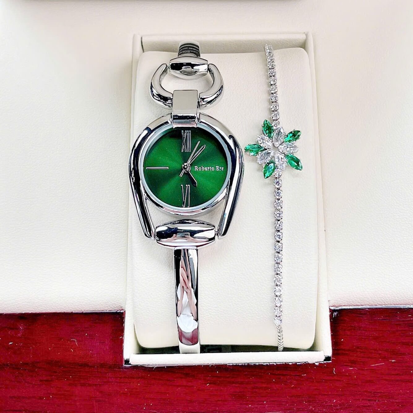 Set Đồng Hồ Lắc Tay Nữ Roberto Era Horsebit Mặt Xanh Lá Size 28mm - RE9104