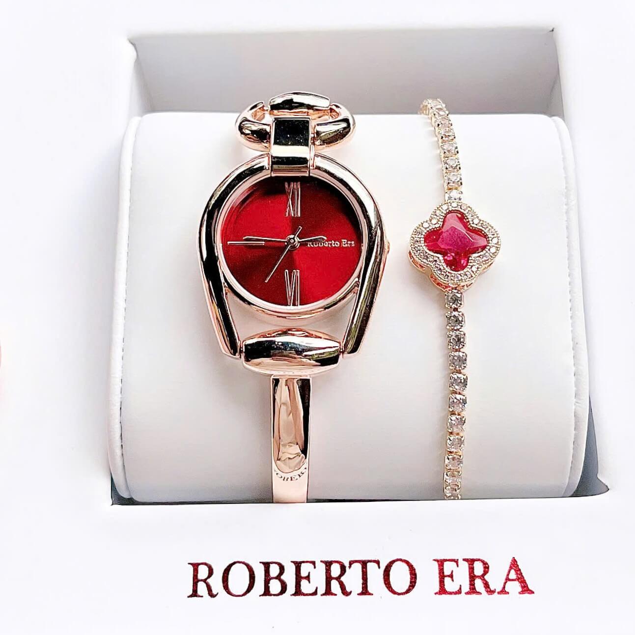 Set Đồng Hồ Lắc Tay Nữ Roberto Era Horsebit Dây Rose Gold Mặt Đỏ Size 28mm - RE9201