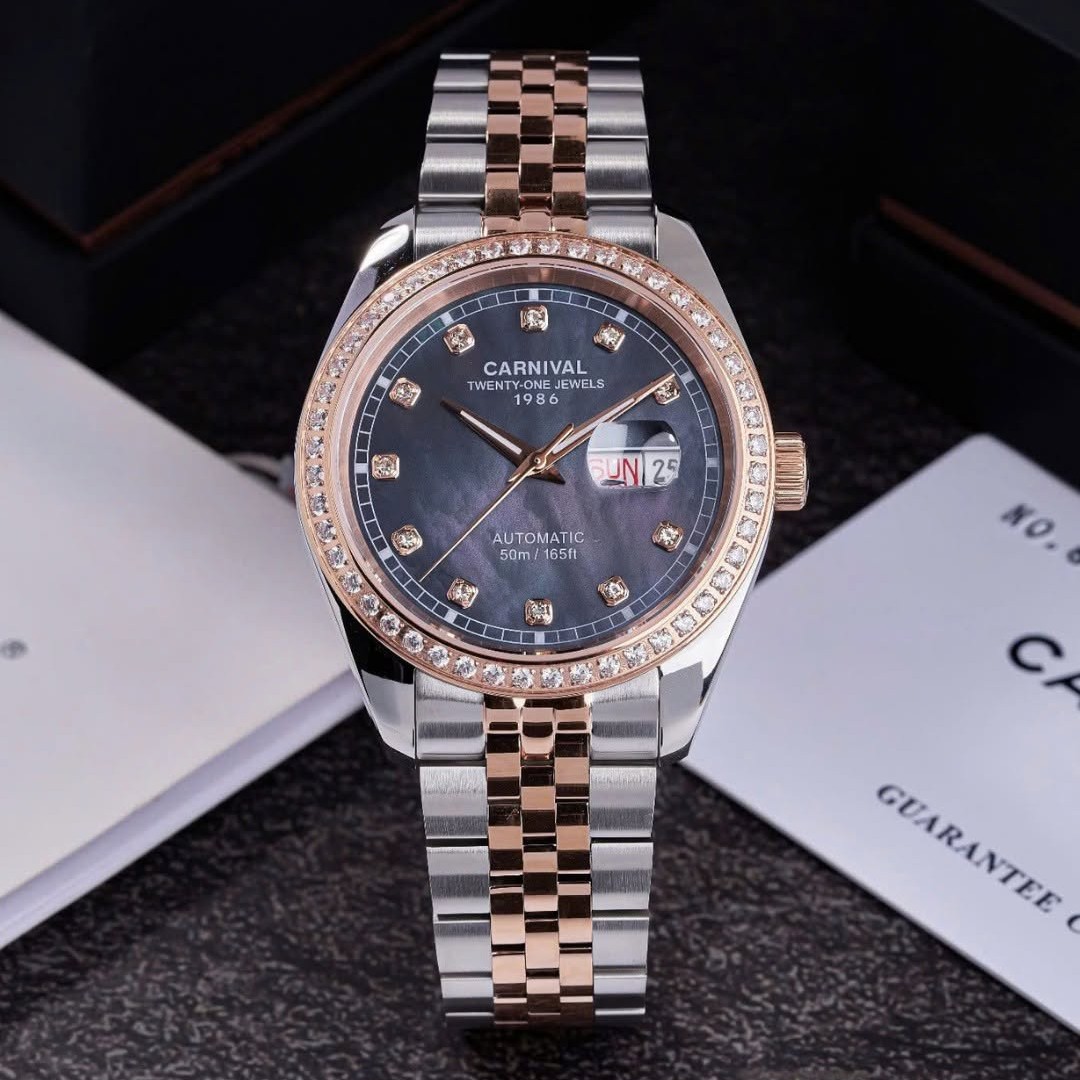 Đồng Hồ Nam Carnival 8131G2-CH-DK Automatic Dây Demi Vàng Hồng Mặt Xà Cừ Xám Size 40mm