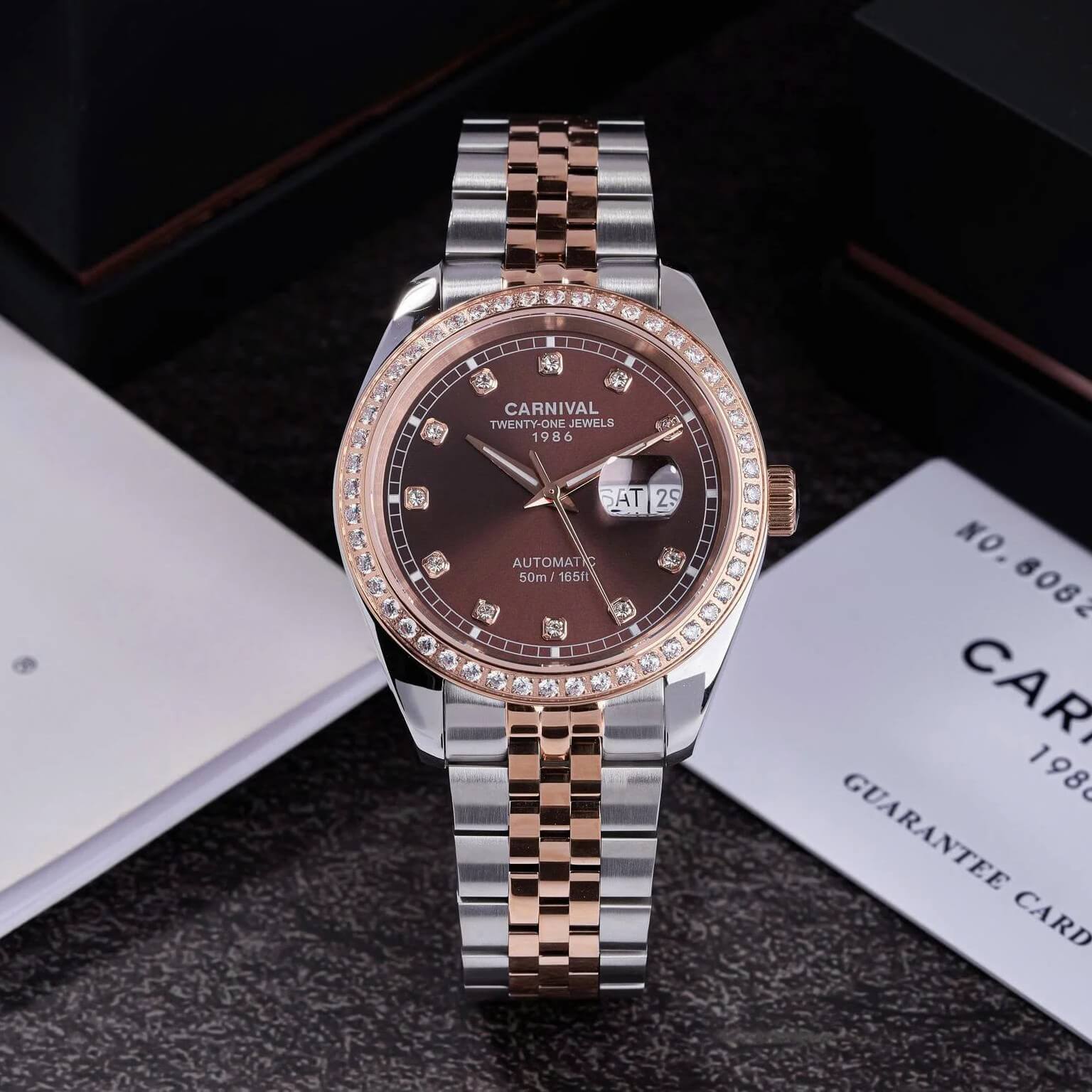Đồng Hồ Nam Carnival 8131G2-CH-N Automatic Dây Thép Demi Vàng Hồng Mặt Nâu Size 40mm