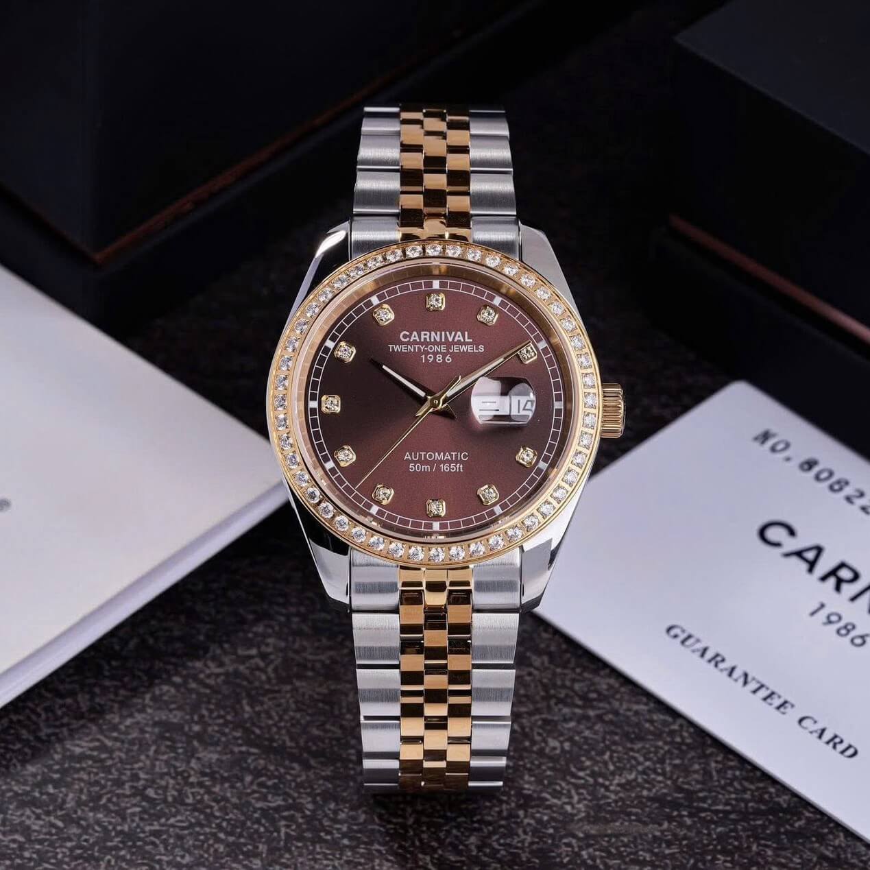 Đồng Hồ Nam Carnival 8131G2-CV-N Automatic Dây Thép Demi Vàng Mặt Nâu Size 40mm