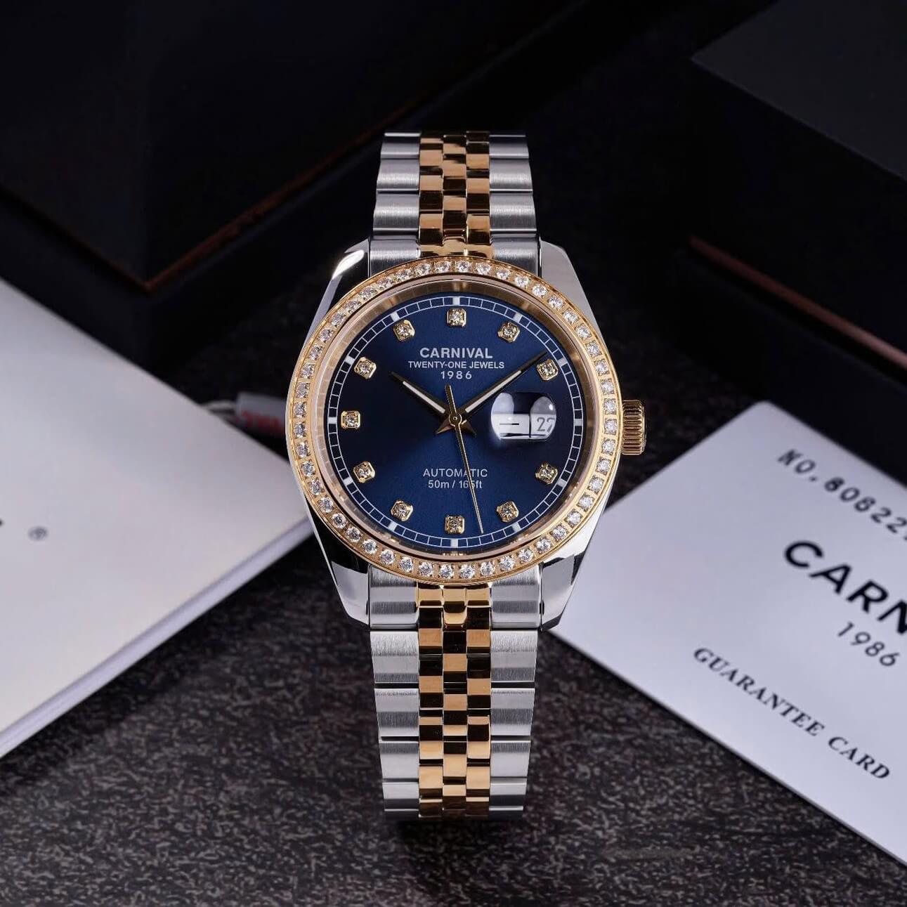Đồng Hồ Nam Carnival 8131G2-CV-X Automatic Dây Thép Demi Vàng Mặt Xanh Navy Size 40mm