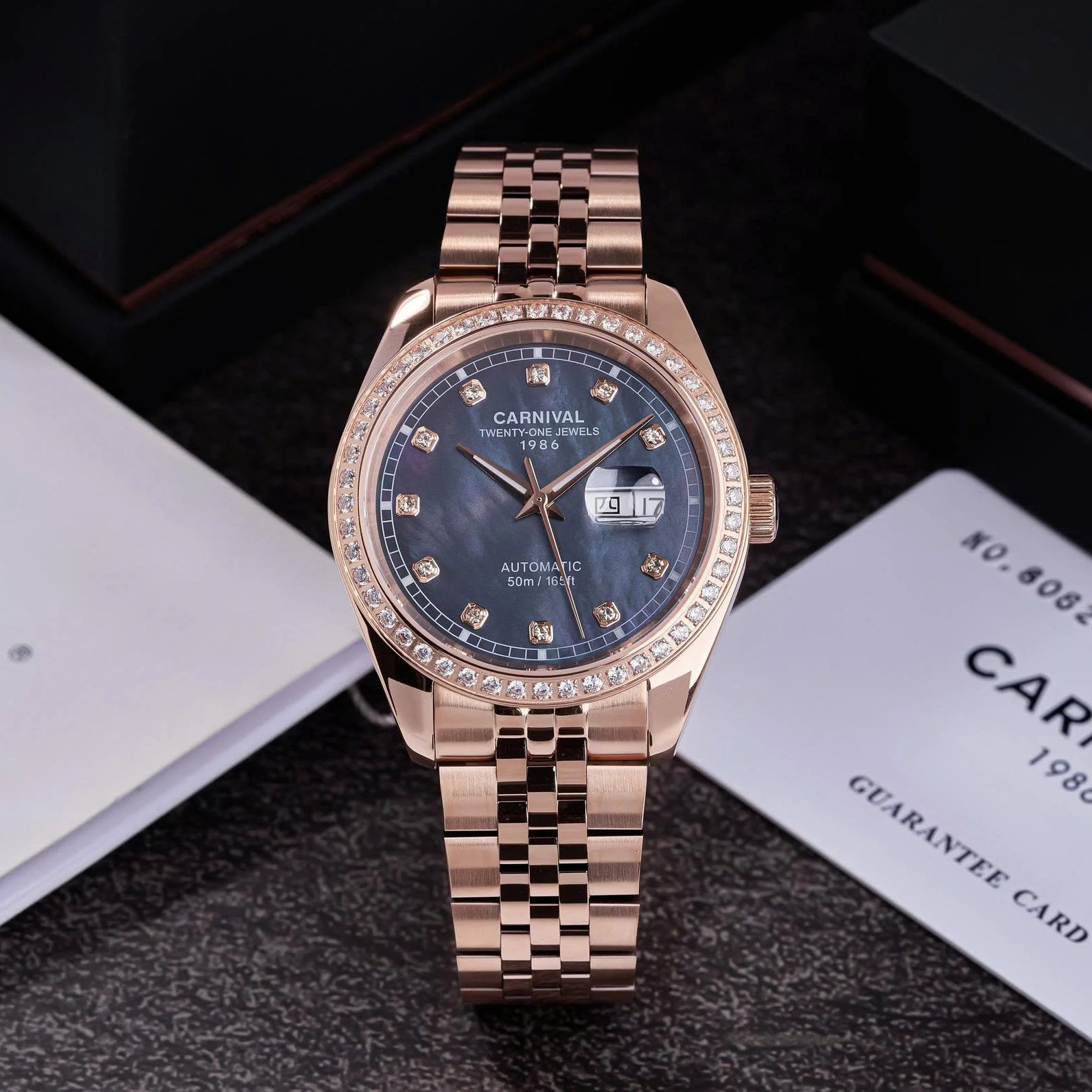 Đồng Hồ Nam Carnival 8131G2-VH-DK Automatic Dây Vàng Hồng Mặt Xà Cừ Xám Size 40mm