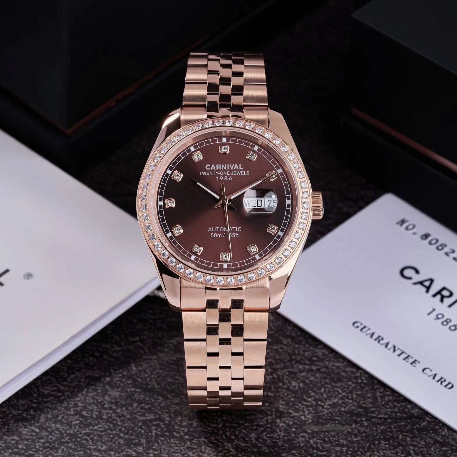 Đồng Hồ Nam Carnival 8131G2-VH-N Automatic Dây Thép Vàng Hồng Mặt Nâu Size 40mm
