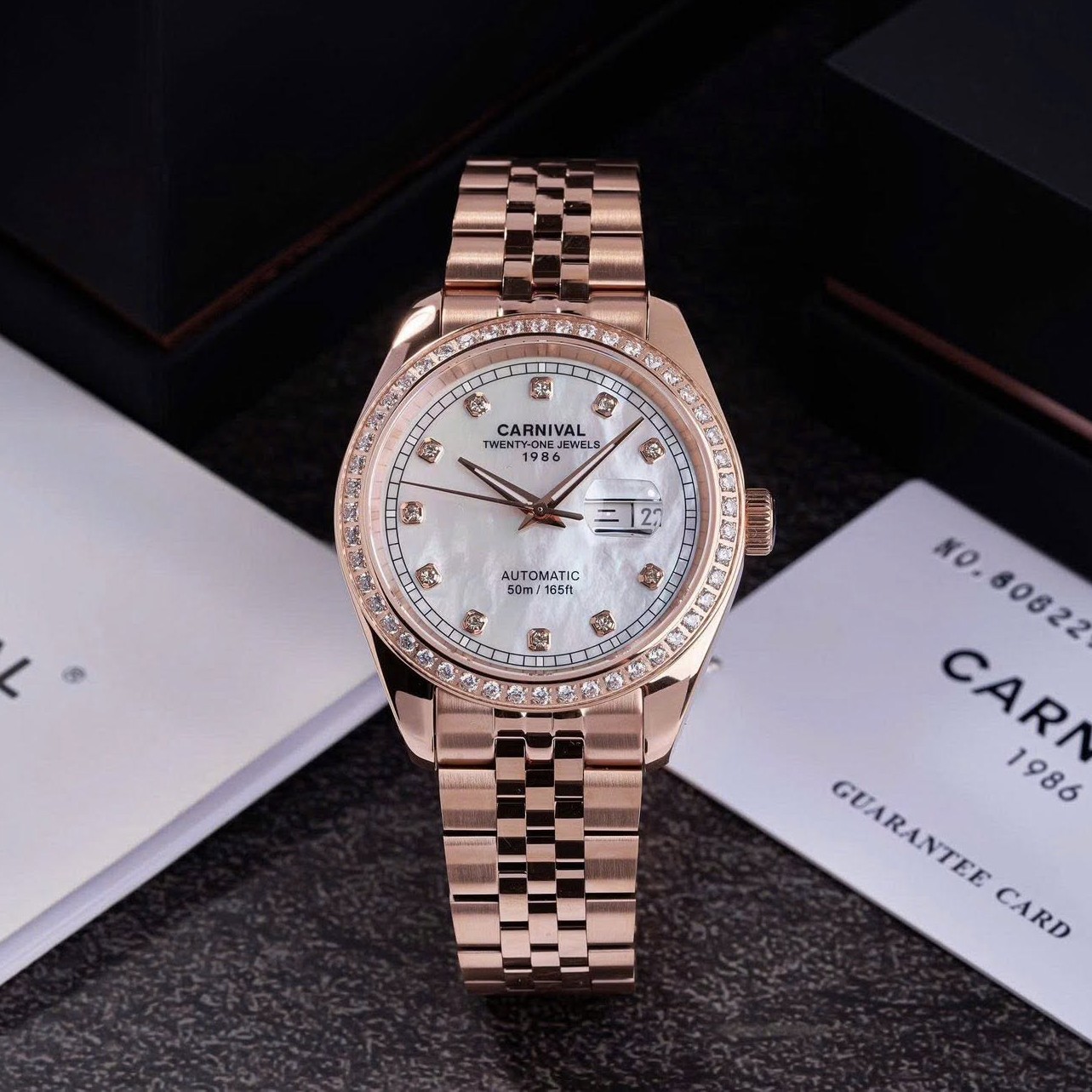 Đồng Hồ Nam Carnival 8131G2-VH-TK Automatic Dây Vàng Hồng Mặt Xà Cừ Trắng Size 40mm