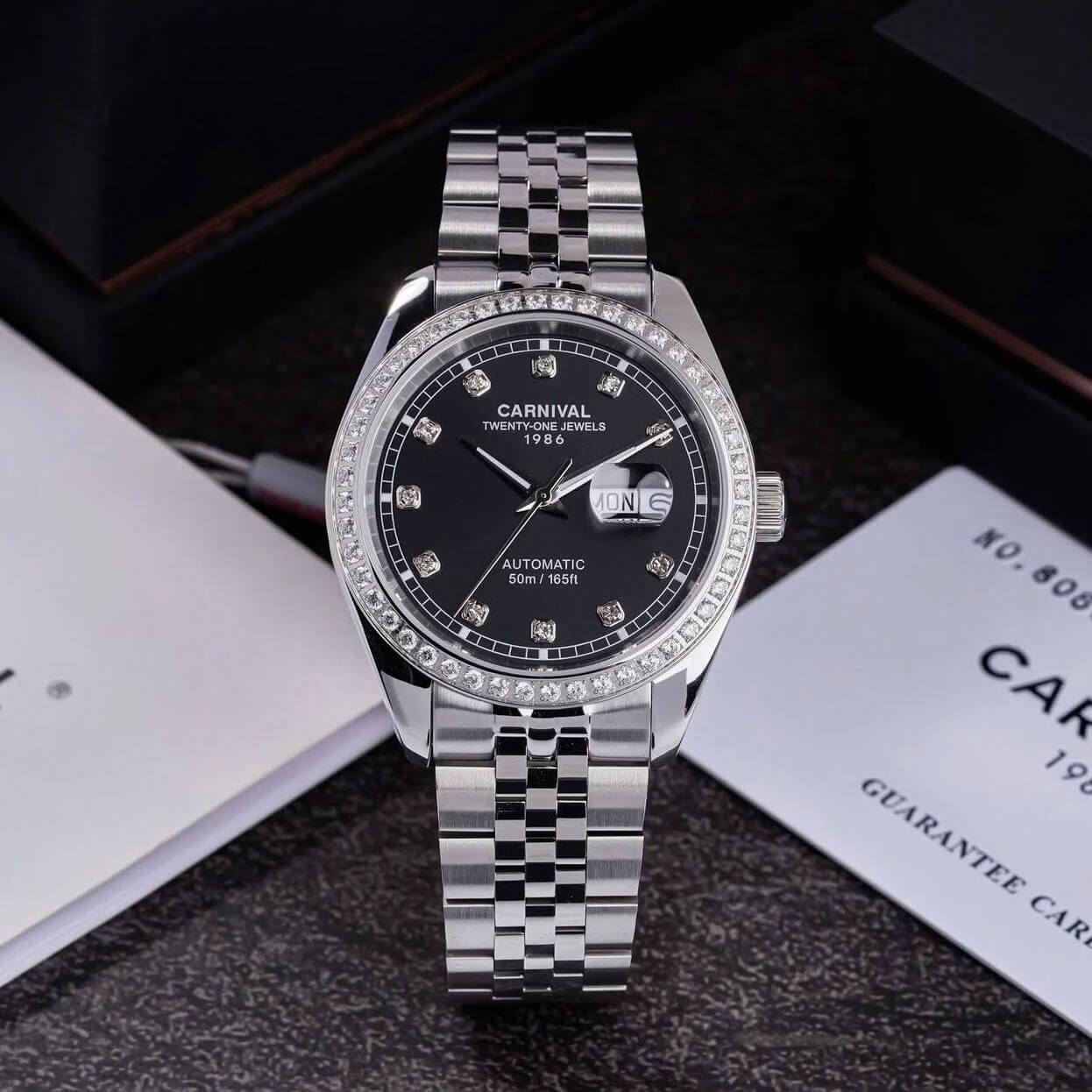 Đồng Hồ Nam Carnival 8131G2-VT-D Automatic Dây Thép Bạc Mặt Đen Size 40mm
