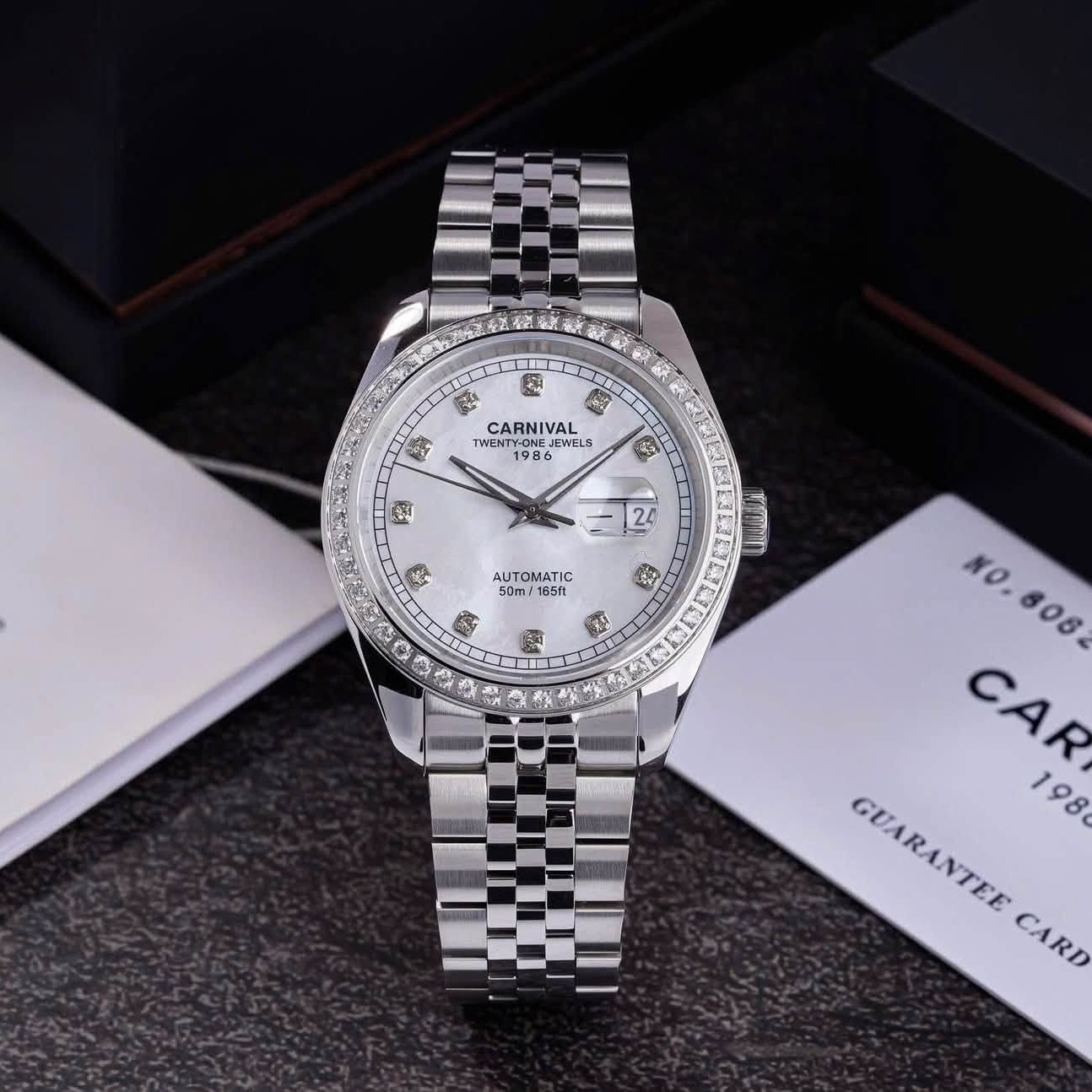 Đồng Hồ Nam Carnival 8131G2-VT-TK Automatic Dây Thép Silver Mặt Xà Cừ Trắng Size 40mm