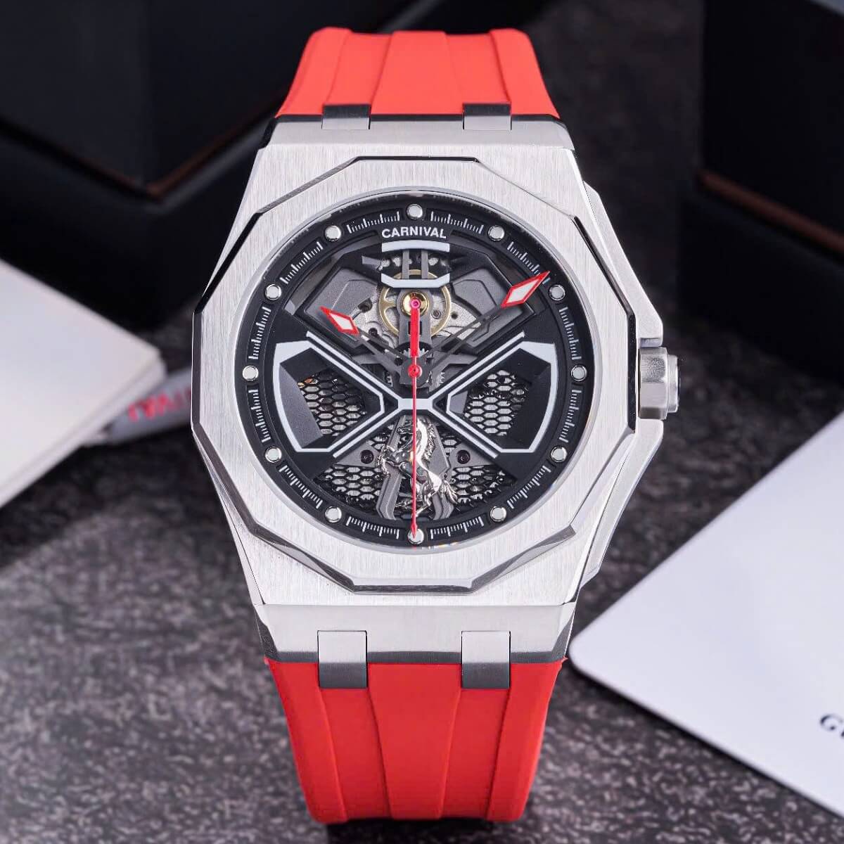 Đồng Hồ Nam Carnival 8156G Tự Động Dây Cao Su Đỏ Vỏ Silver Size 42mm