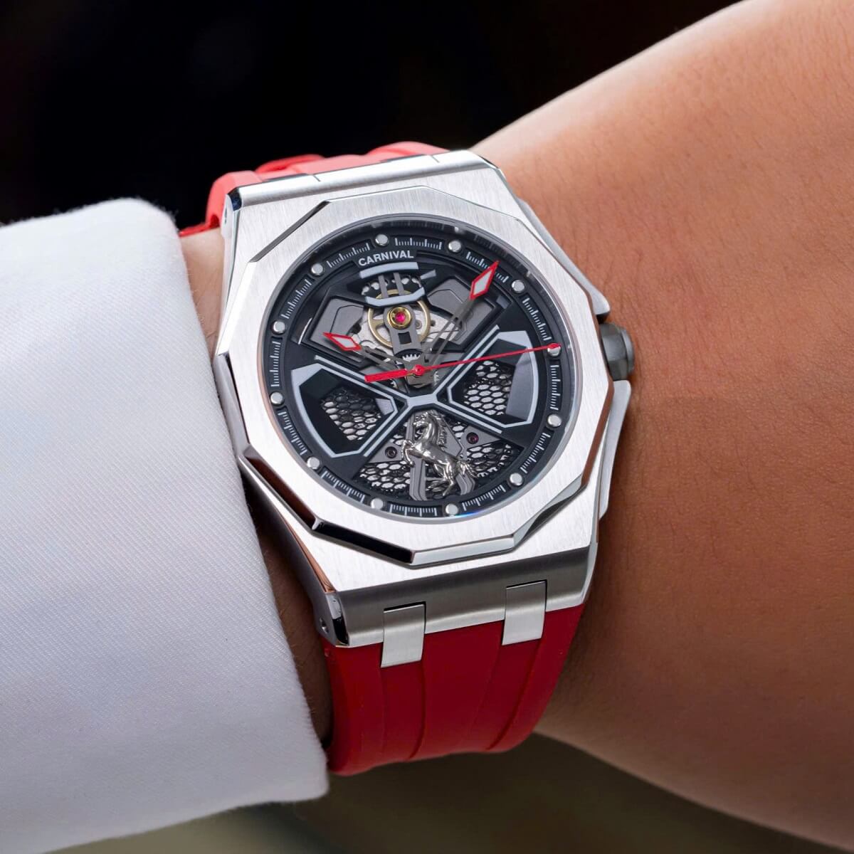 Đồng Hồ Nam Carnival 8156G Tự Động Dây Cao Su Đỏ Vỏ Silver Size 42mm