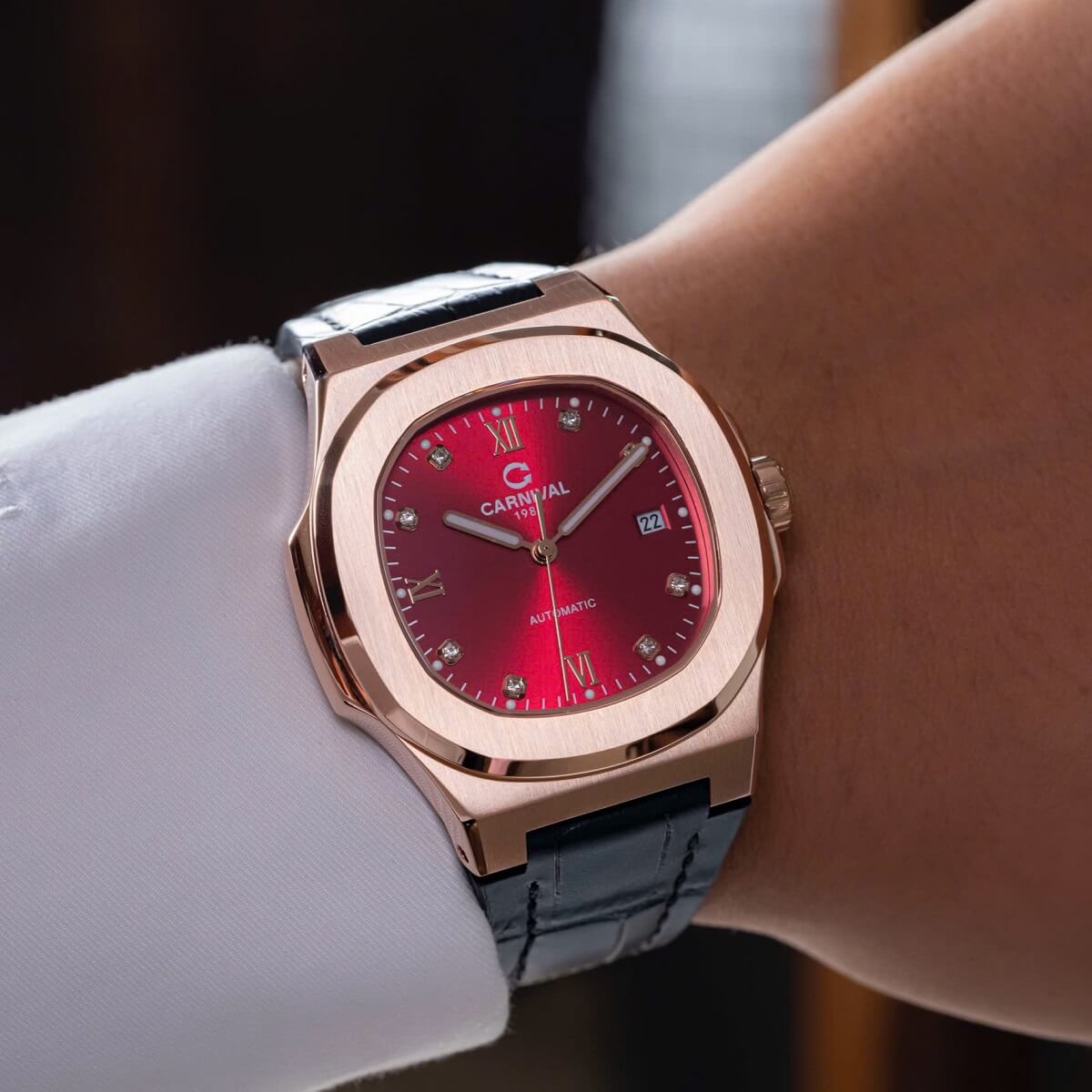 Đồng Hồ Nam Carnival 8160G Tự Động Mặt Đỏ Dây Da Đen Vàng Hồng Size 41mm