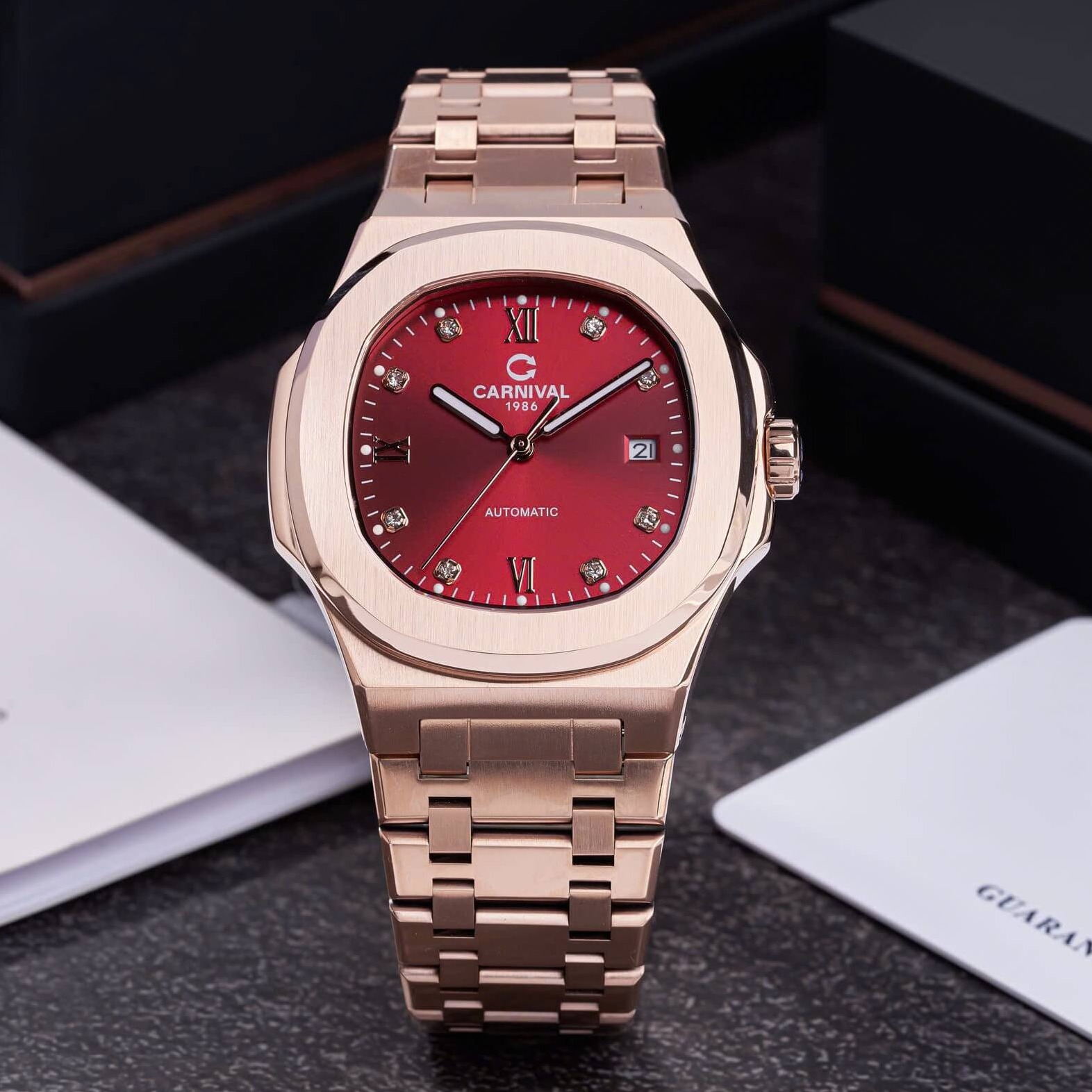 Đồng Hồ Nam Carnival 8160G Tự Động Mặt Đỏ Dây Kim Loại Vàng Hồng Size 41mm