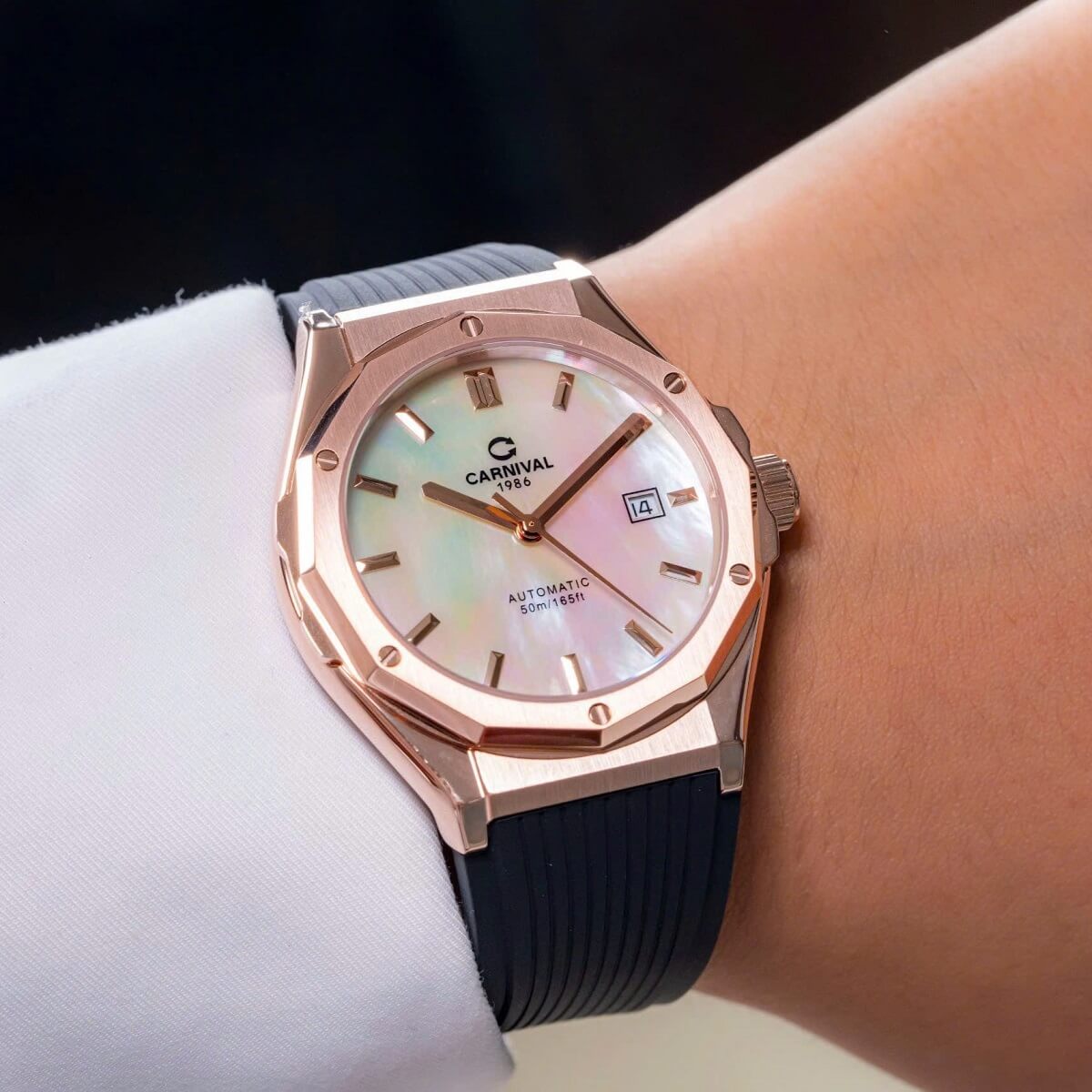 Đồng Hồ Nam Carnival 8168G Tự Động Mặt Trắng Xà Cừ Dây Cao Su Đen Vàng Hồng 42mm