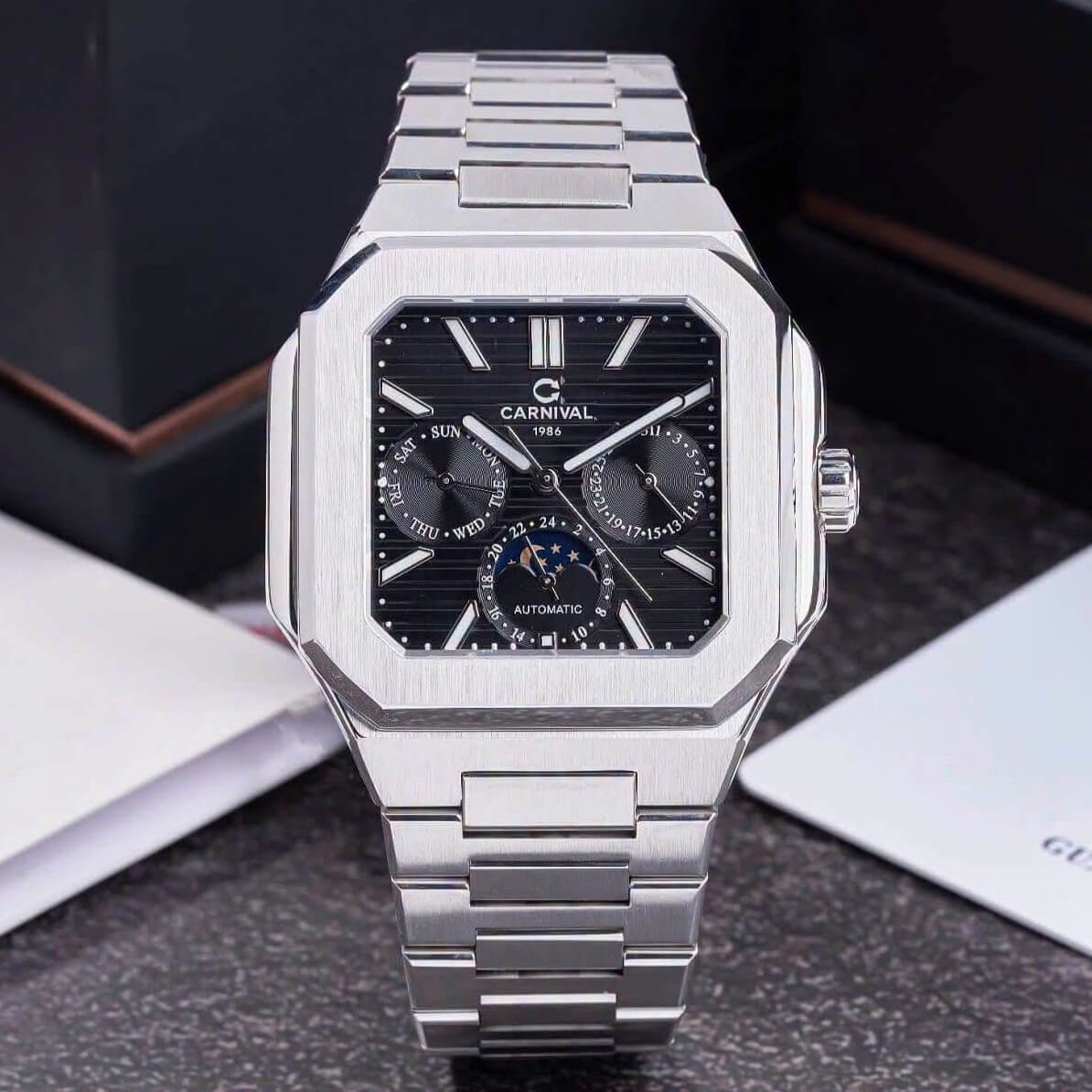 Đồng Hồ Nam Carnival 8187G Máy Cơ Tự Động Dây Thép Bạc Mặt Đen Size 42mm 8187G-VT-D
