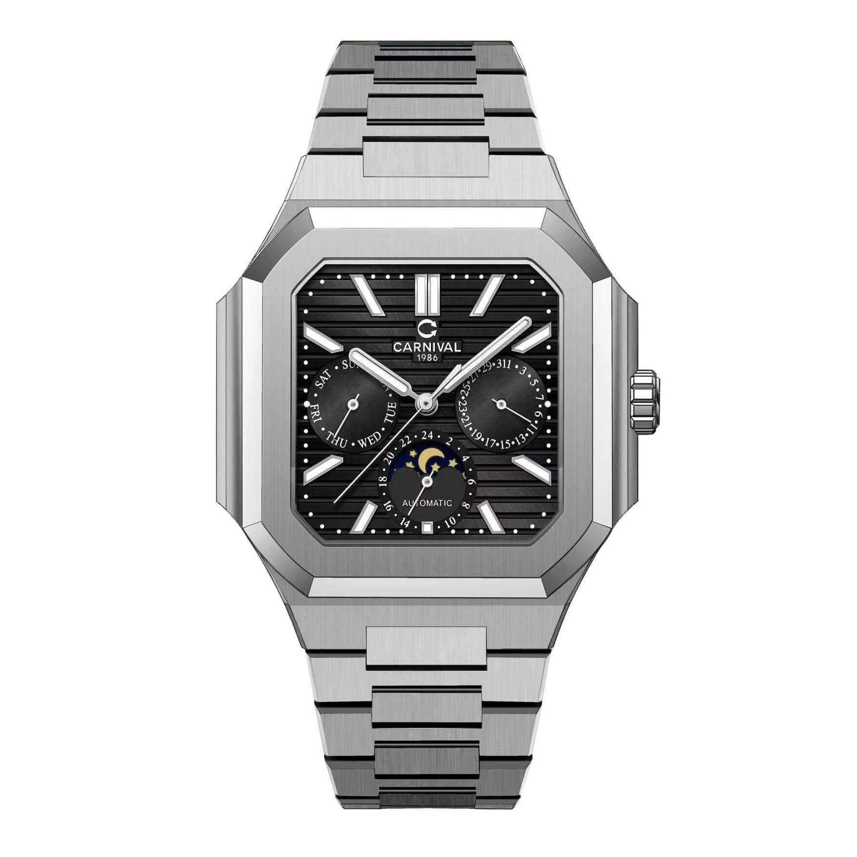 Đồng Hồ Nam Carnival 8187G Máy Cơ Tự Động Dây Thép Bạc Mặt Đen Size 42mm 8187G-VT-D