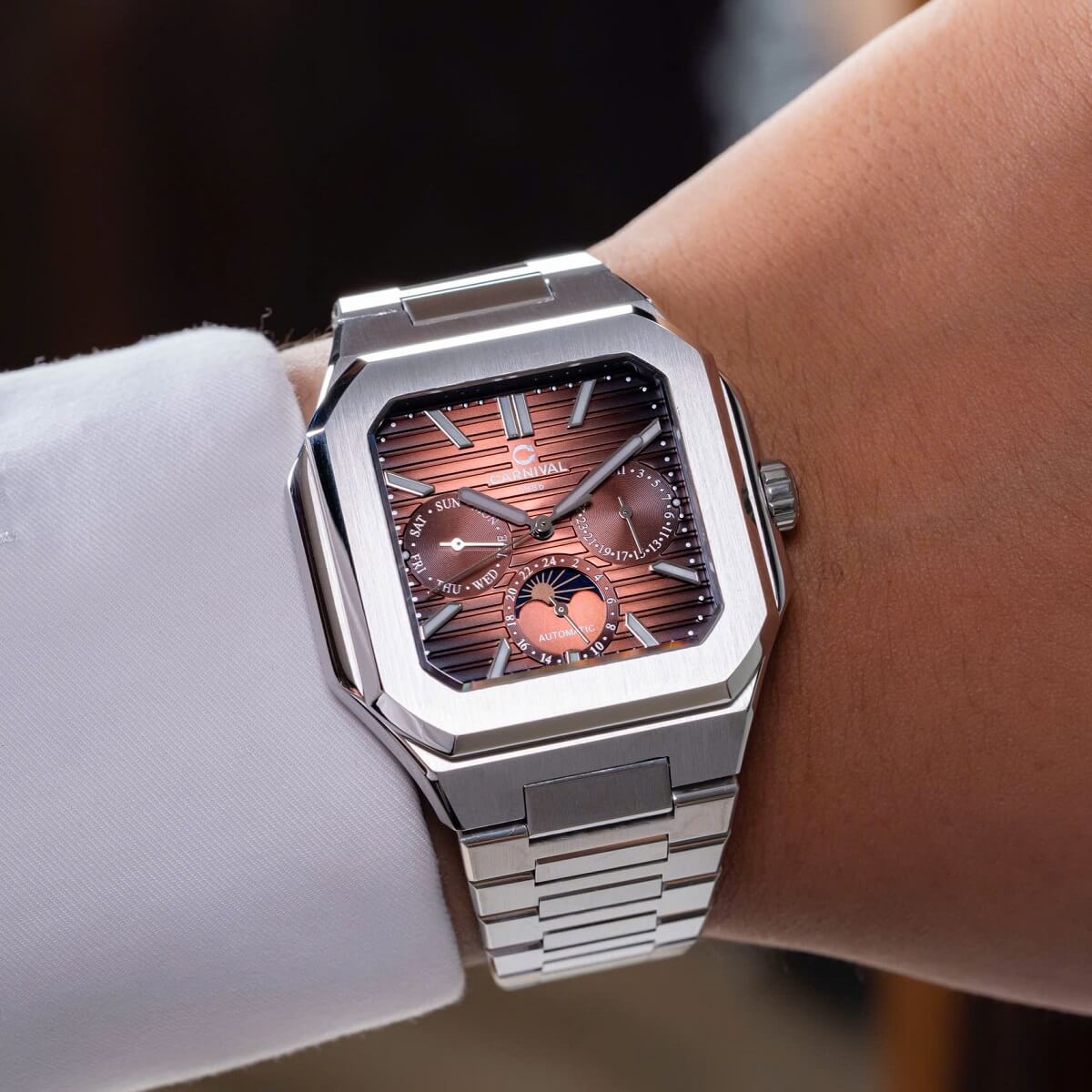 Đồng Hồ Nam Carnival 8187G Tự Động 6 Kim Mặt Nâu Dây Kim Loại Silver Size 42mm