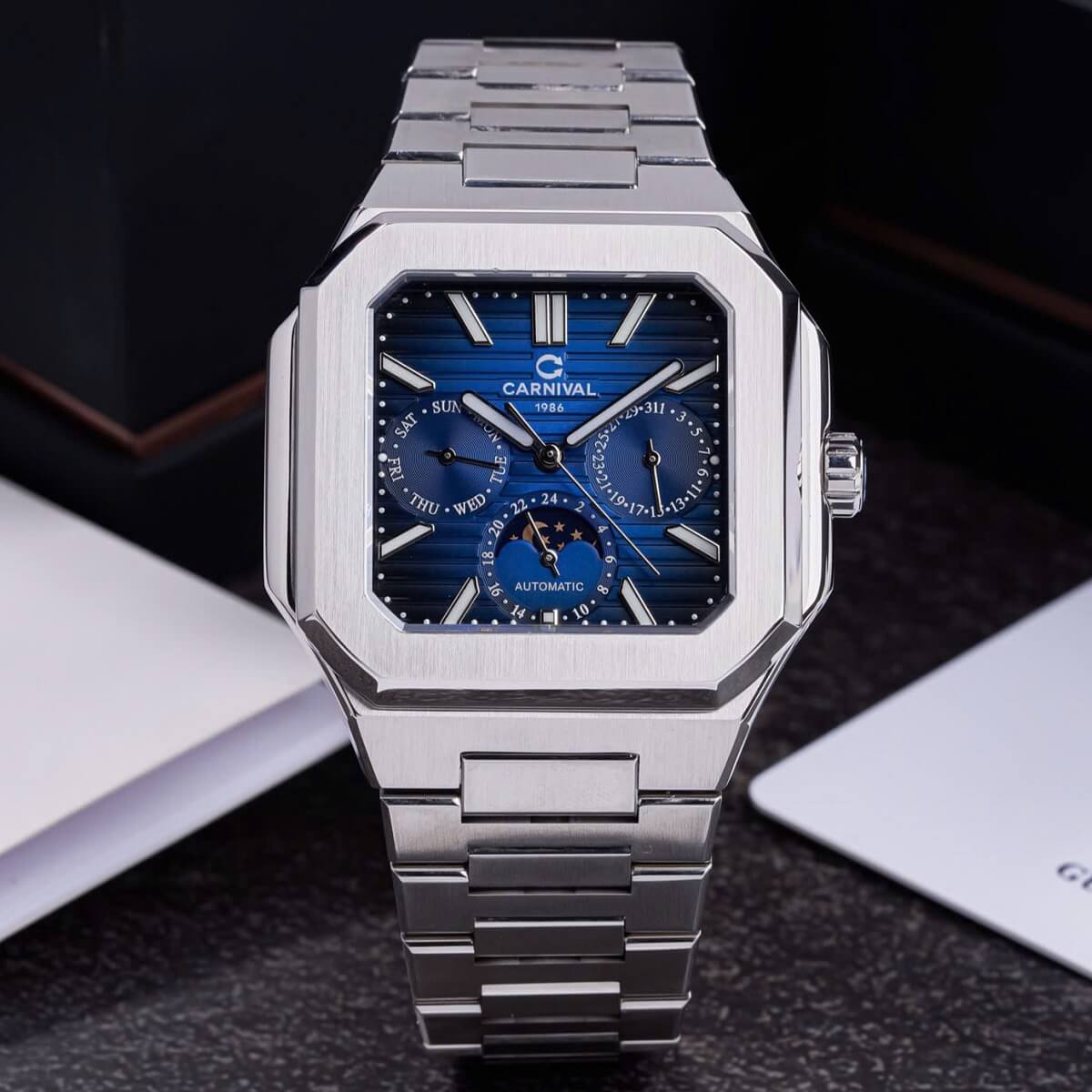 Đồng Hồ Nam Carnival 8187G Tự Động 6 Kim Mặt Xanh Dây Kim Loại Silver Size 42mm