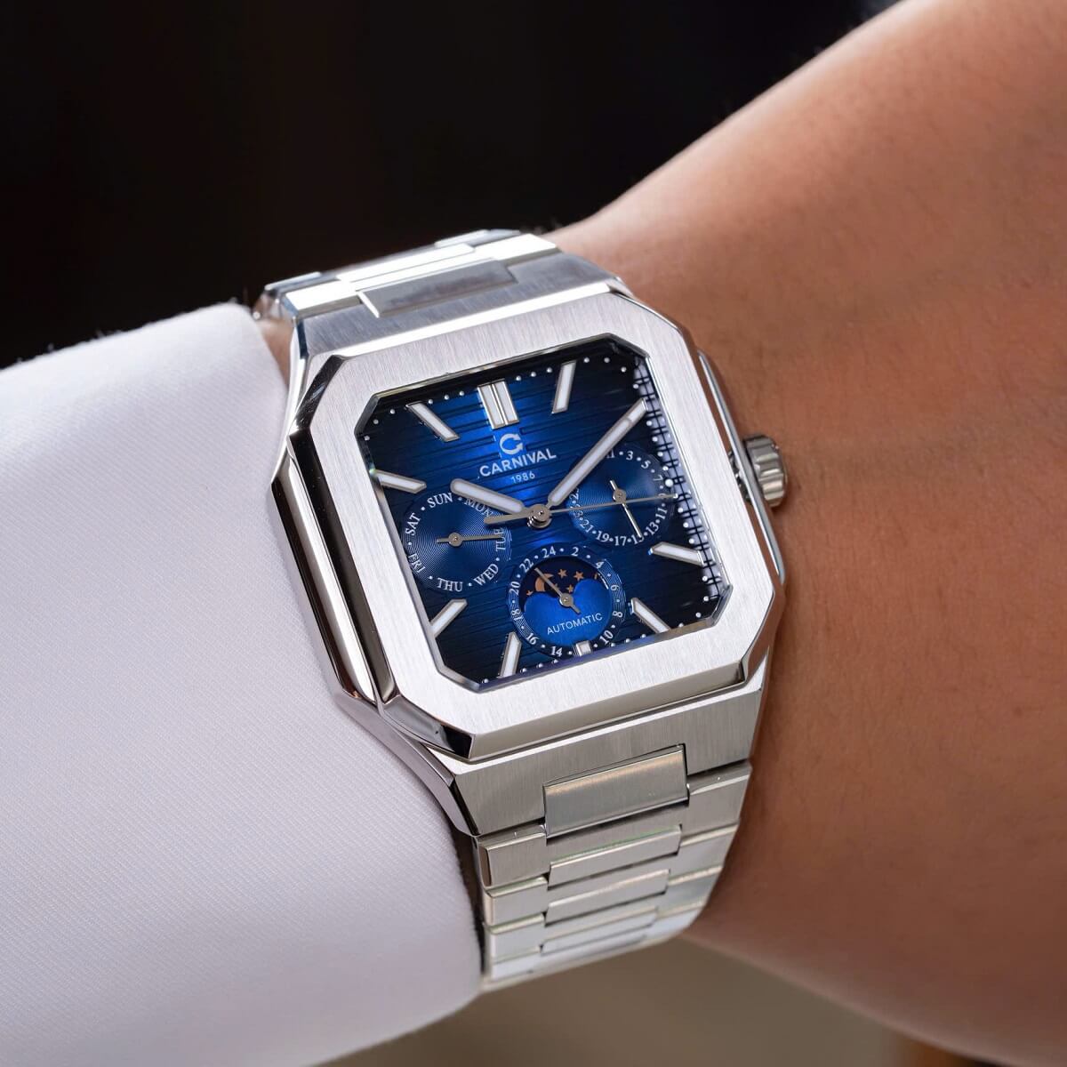 Đồng Hồ Nam Carnival 8187G Tự Động 6 Kim Mặt Xanh Dây Kim Loại Silver Size 42mm