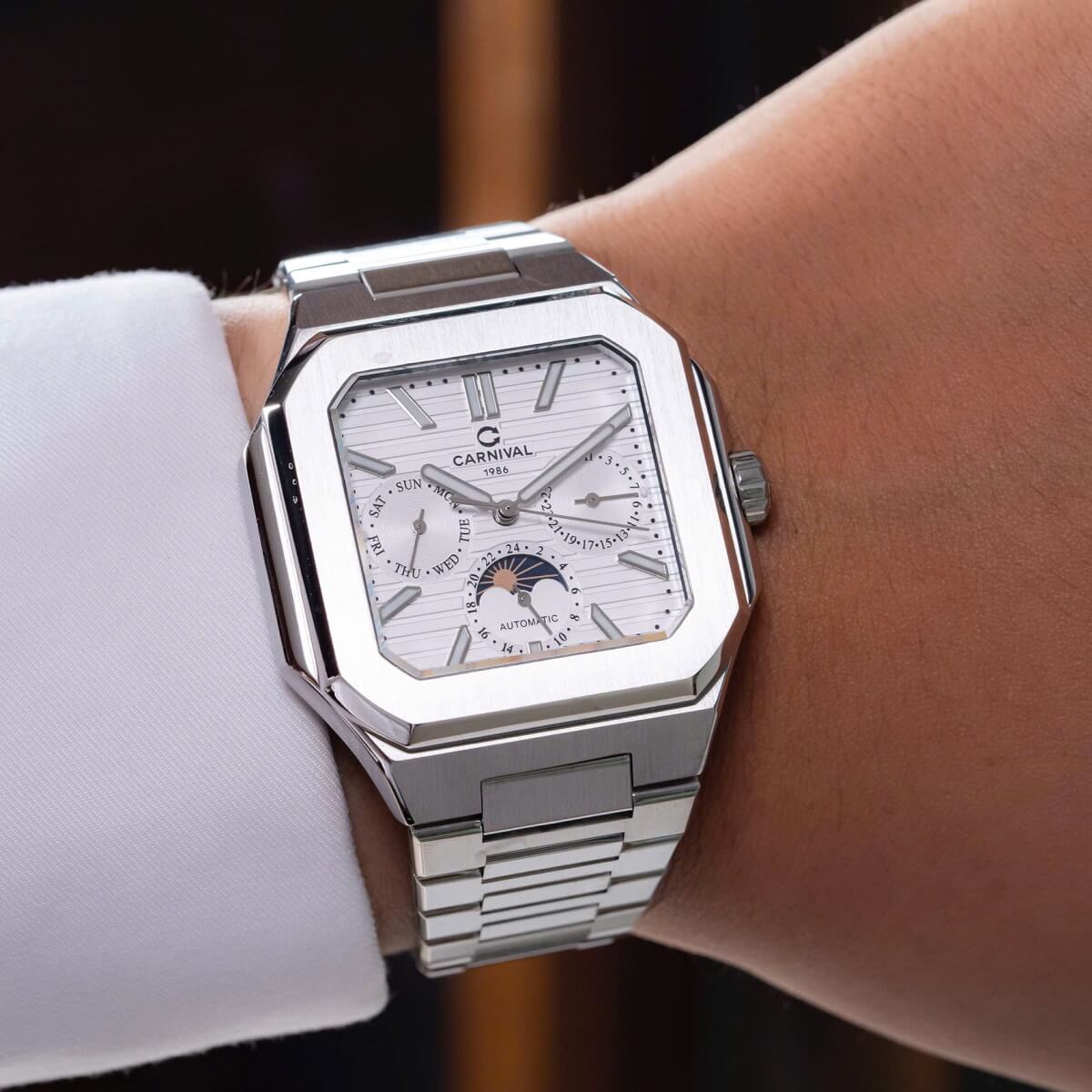 Đồng Hồ Nam Carnival 8187G Tự Động 6 Kim Mặt Trắng Dây Kim Loại Silver Size 42mm