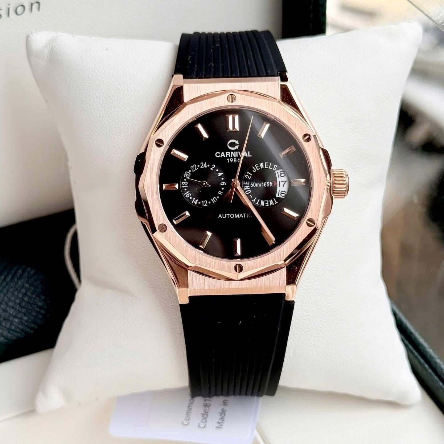 Đồng Hồ Nam Carnival 8188G Máy Cơ Tự Động Dây Cao Su Đen Mặt Đen Size 42mm Vỏ Rose 8188G-VH-DCS-D