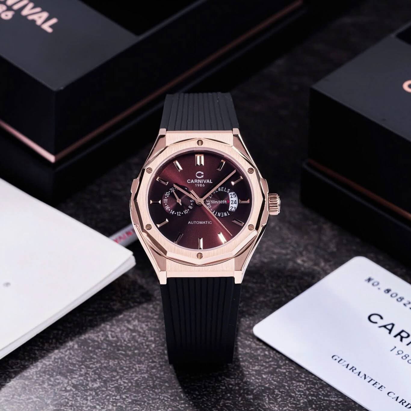 Đồng Hồ Nam Carnival 8188G Máy Cơ Tự Động Dây Cao Su Đen Mặt Nâu Size 42mm Vỏ Rose 8188G-VH-DCS-N