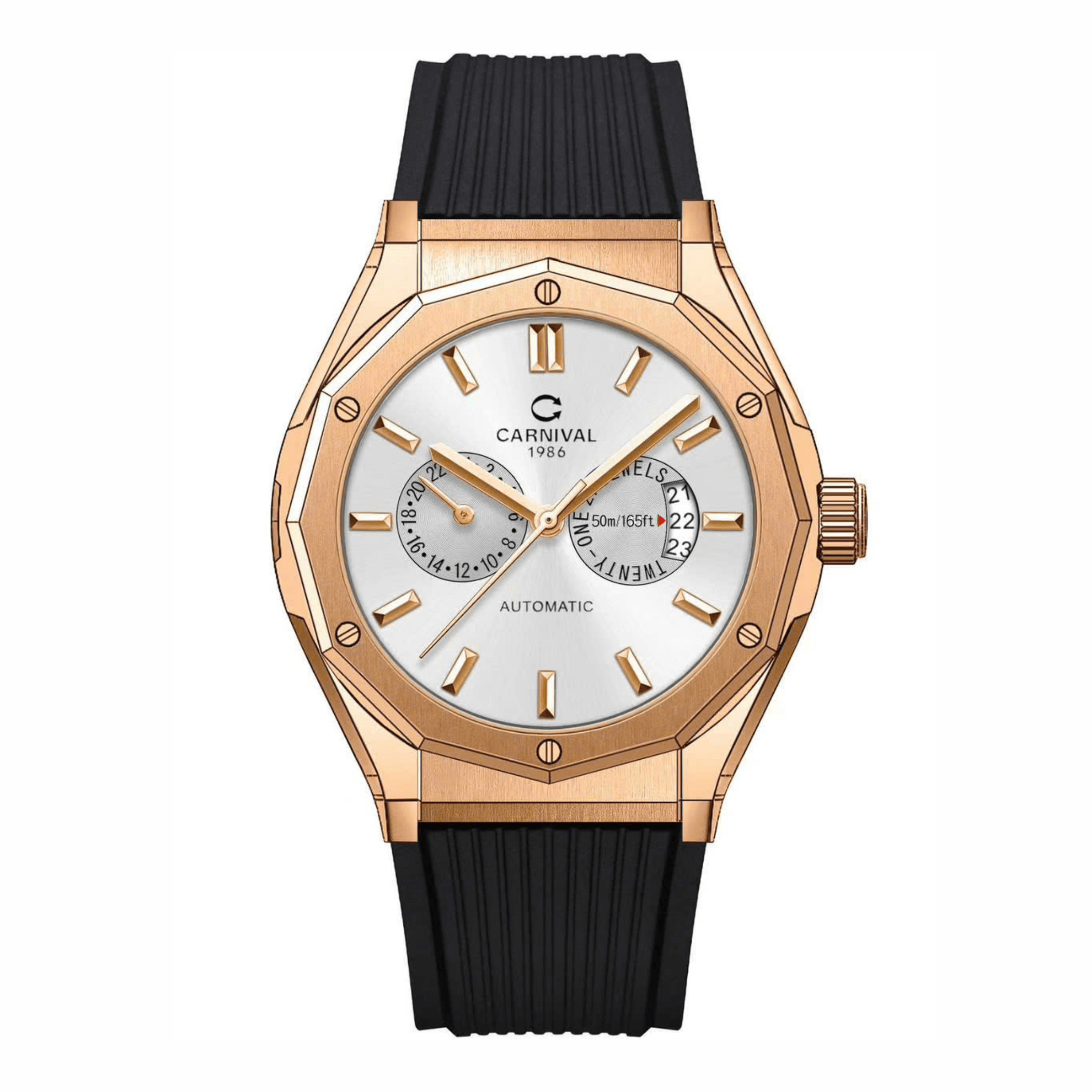 Đồng Hồ Nam Carnival 8188G Máy Cơ Tự Động Dây Cao Su Đen Mặt Trắng Size 42mm Vỏ Rose 8188G-VH-DCS-T