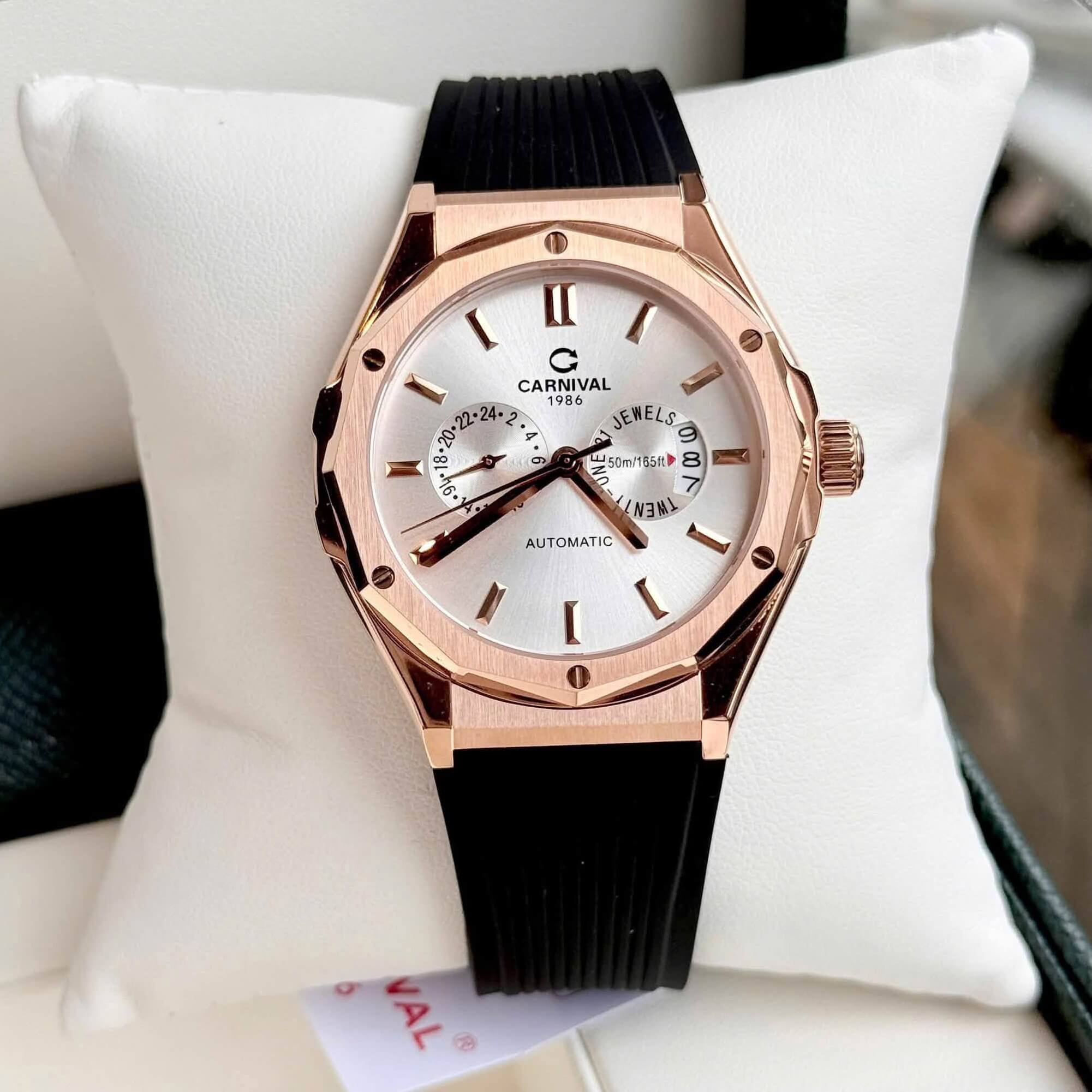 Đồng Hồ Nam Carnival 8188G Máy Cơ Tự Động Dây Cao Su Đen Mặt Trắng Size 42mm Vỏ Rose 8188G-VH-DCS-T