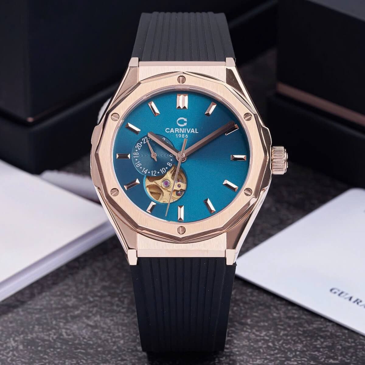 Đồng Hồ Nam Carnival 8189G Tự Động Mặt Xanh Dây Cao Su Đen Vàng Hồng 42mm