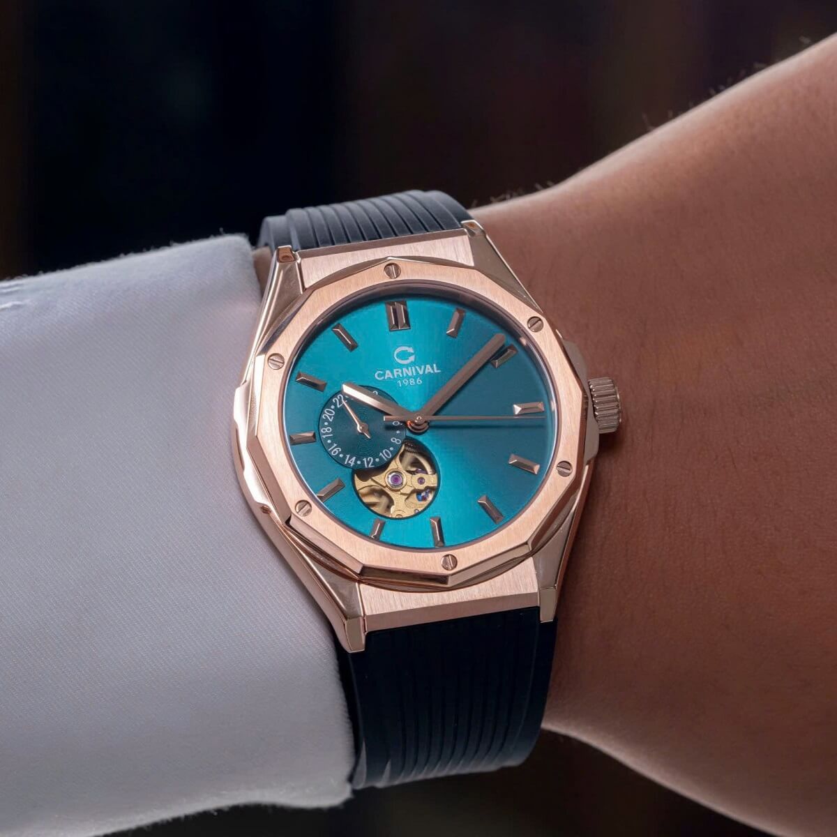 Đồng Hồ Nam Carnival 8189G Tự Động Mặt Xanh Dây Cao Su Đen Vàng Hồng 42mm