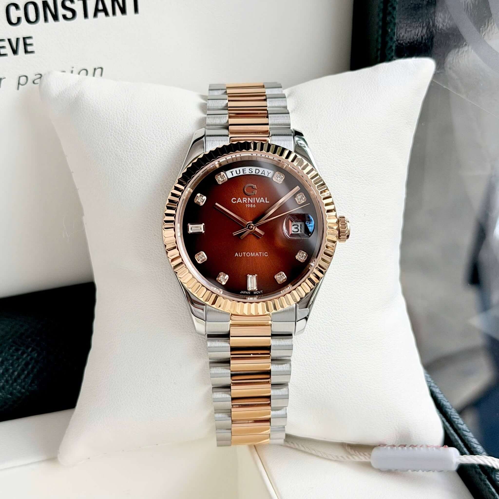 Đồng Hồ Nam Carnival 8239G-CH-N Automatic Demi Vàng Hồng Mặt Nâu Size 38mm Chính Hãng