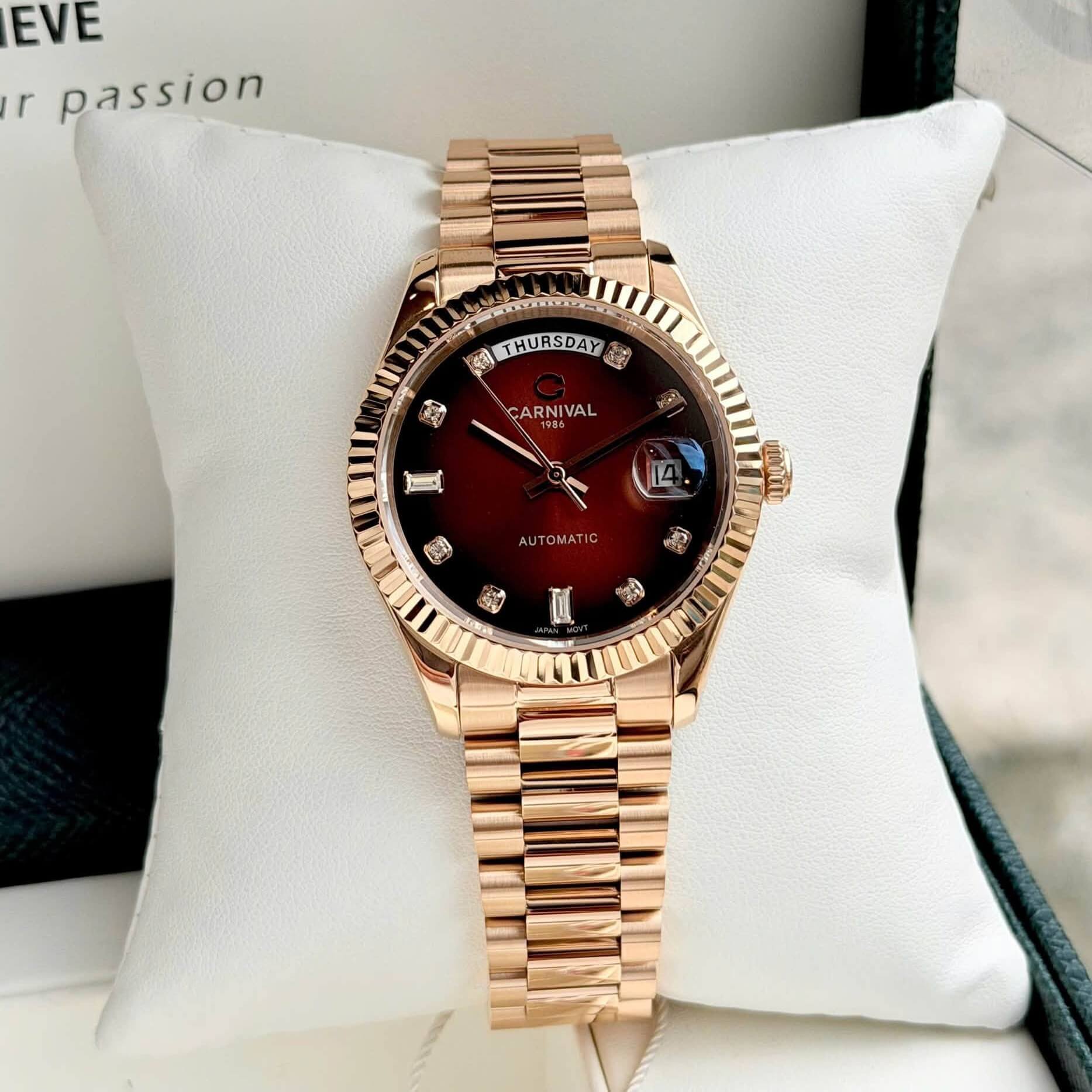 Đồng Hồ Nam Carnival 8239G-VH-N Automatic Vàng Hồng Mặt Nâu Size 38mm Chính Hãng
