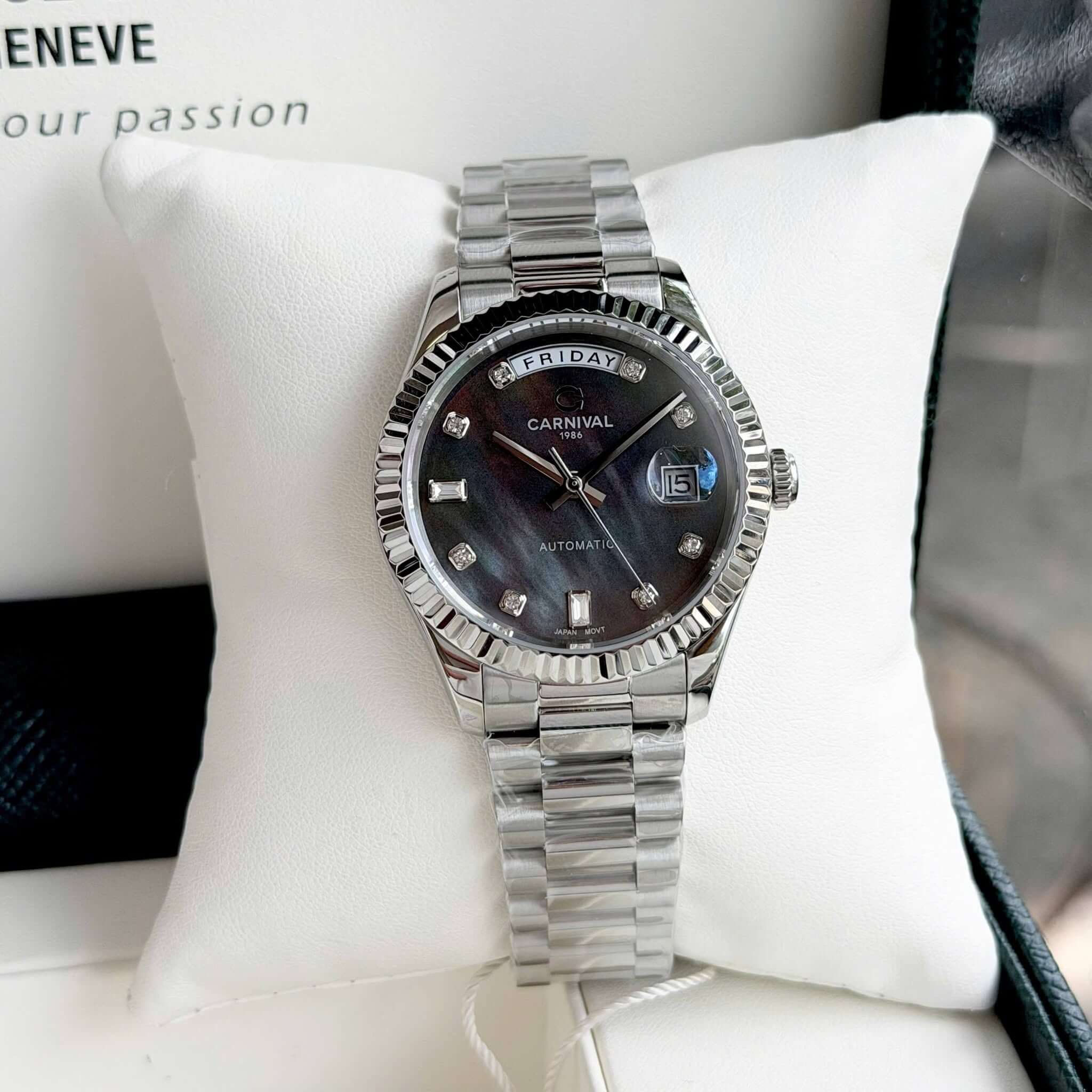 Đồng Hồ Nam Carnival 8239G-VT-DK Automatic Dây Thép Bạc Mặt Xà Cừ Đen Xám Size 38mm Chính Hãng