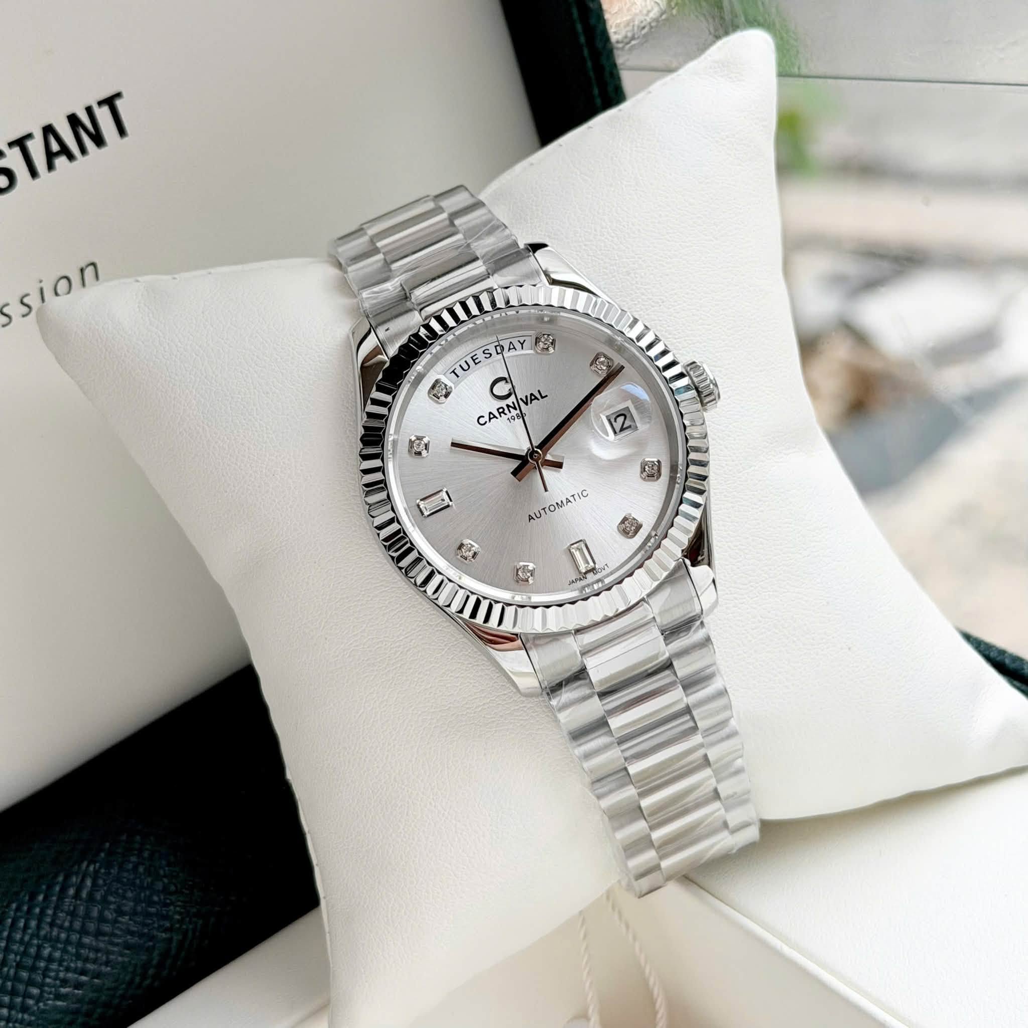 Đồng Hồ Nam Carnival 8239G-VT-T Automatic Dây Thép Bạc Mặt Trắng Size 38mm Chính Hãng
