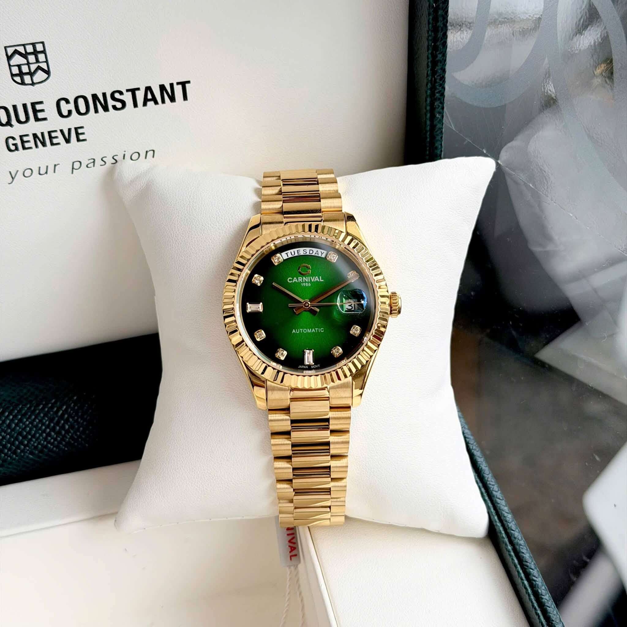 Đồng Hồ Nam Carnival 8239G-VV-XL Automatic Vàng Gold Mặt Xanh Lá Size 38mm Chính Hãng