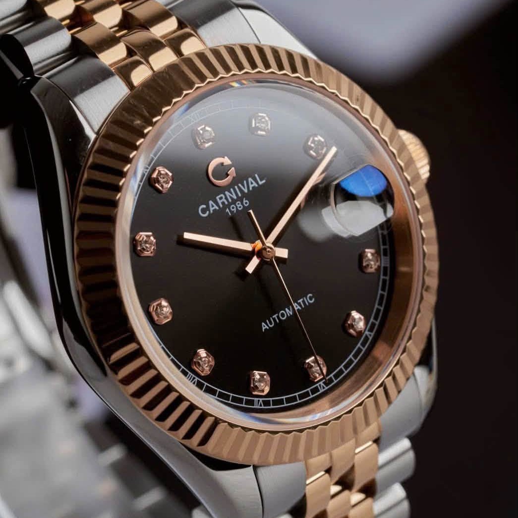 Đồng Hồ Nam Carnival 8250G-CH-D Automatic Dây Demi Vàng Hồng Mặt Đen Size 38mm