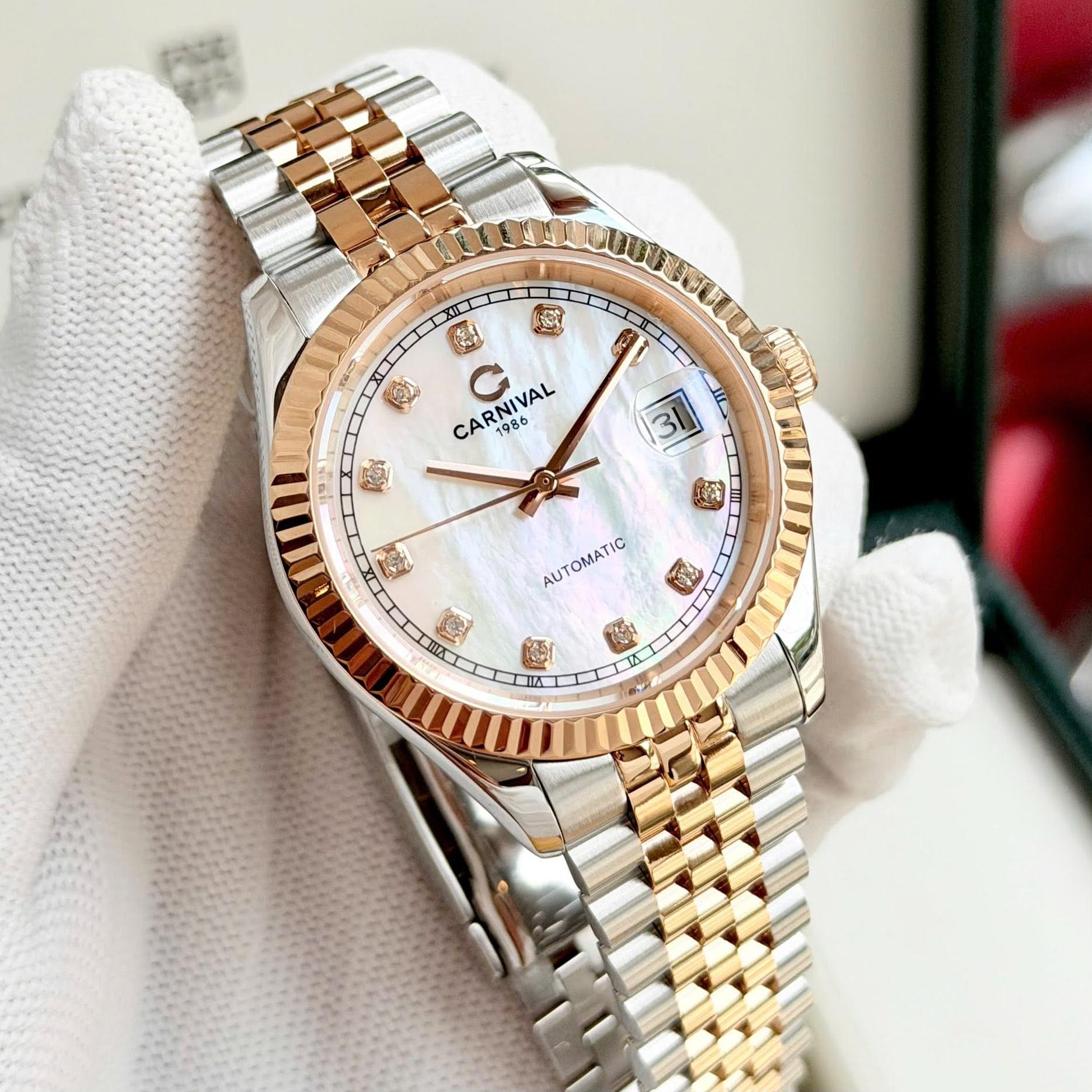 Đồng Hồ Nam Carnival 8250G-CH-TK Automatic Dây Demi Vàng Hồng Mặt Xà Cừ Trắng Size 38mm