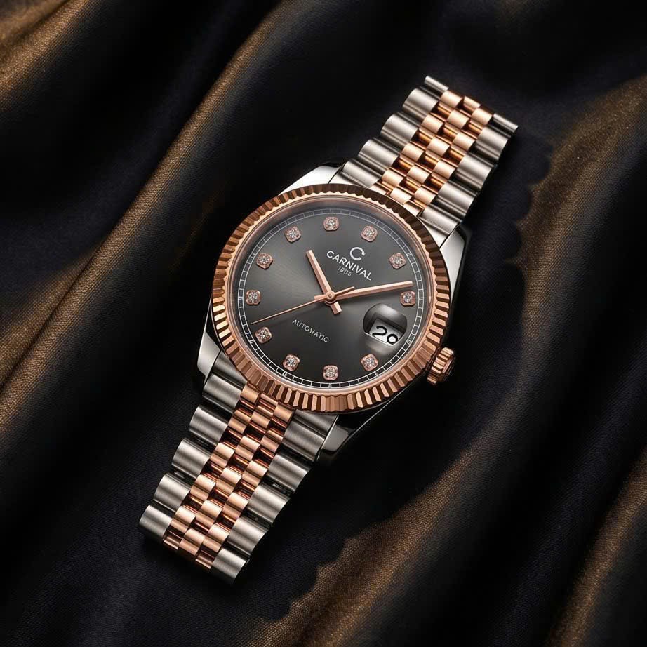 Đồng Hồ Nam Carnival 8250G-CH-TX Automatic Dây Thép Demi Vàng Hồng Mặt Ombre Xám Size 38mm