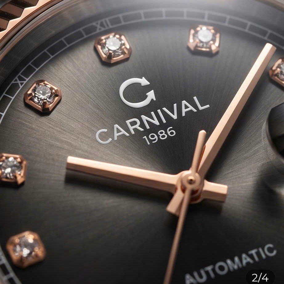Đồng Hồ Nam Carnival 8250G-CH-TX Automatic Dây Thép Demi Vàng Hồng Mặt Ombre Xám Size 38mm