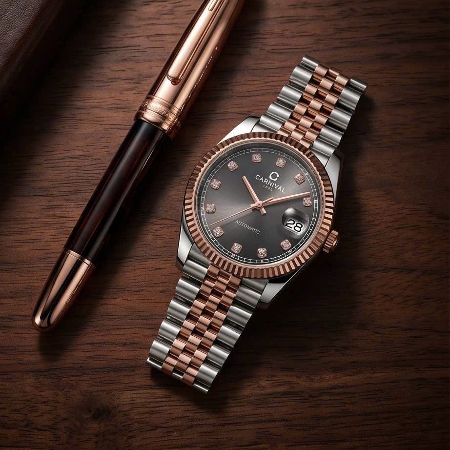 Đồng Hồ Nam Carnival 8250G-CH-TX Automatic Dây Thép Demi Vàng Hồng Mặt Ombre Xám Size 38mm
