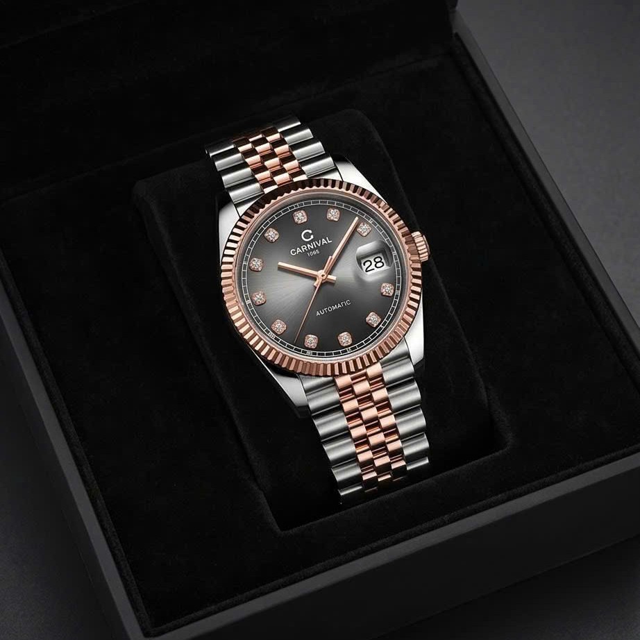 Đồng Hồ Nam Carnival 8250G-CH-TX Automatic Dây Thép Demi Vàng Hồng Mặt Ombre Xám Size 38mm