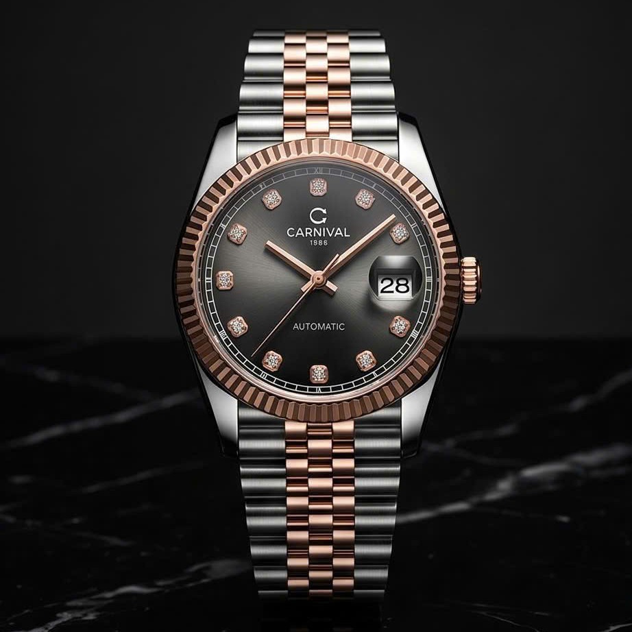 Đồng Hồ Nam Carnival 8250G-CH-TX Automatic Dây Thép Demi Vàng Hồng Mặt Ombre Xám Size 38mm