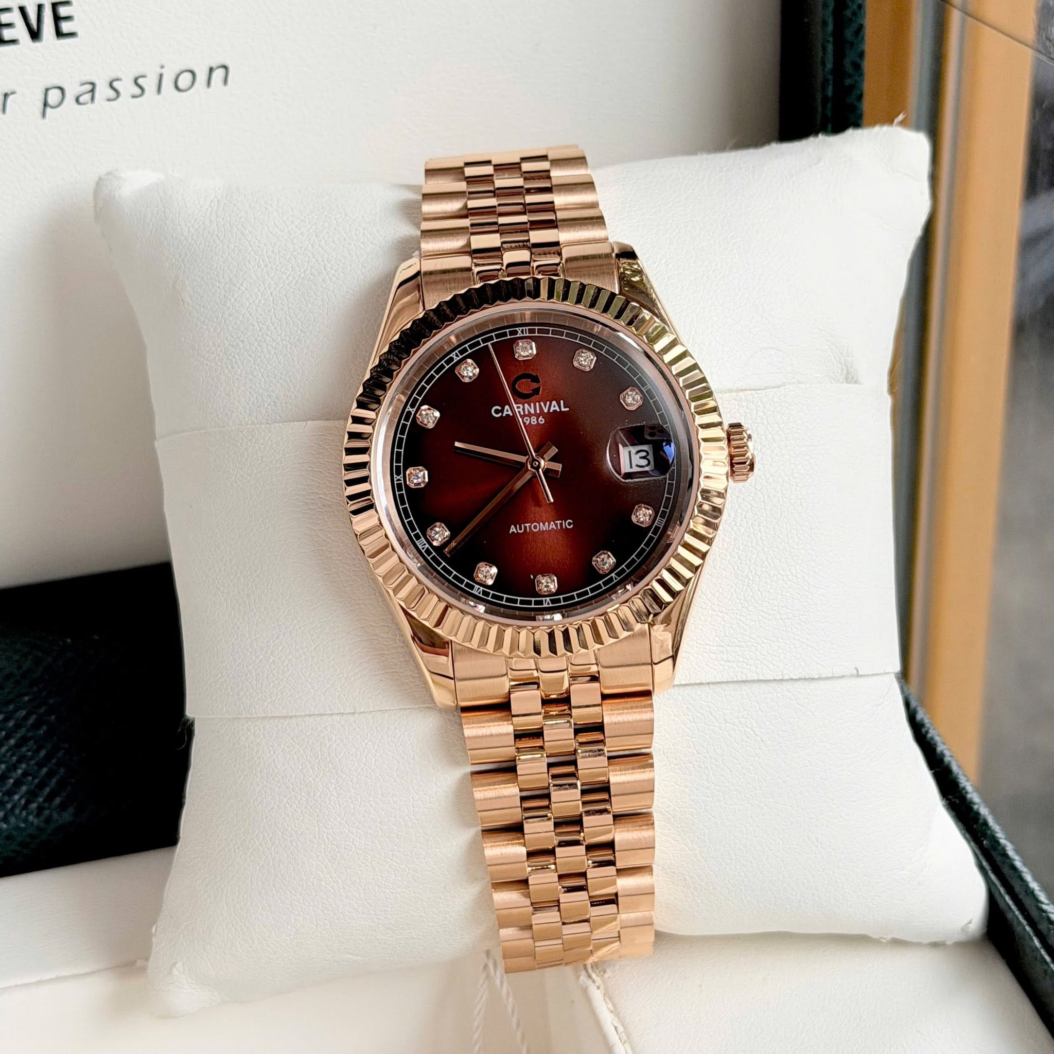 Đồng Hồ Nam Carnival 8250G-VH-N Automatic Dây Thép Màu Vàng Hồng Mặt Nâu Size 38mm