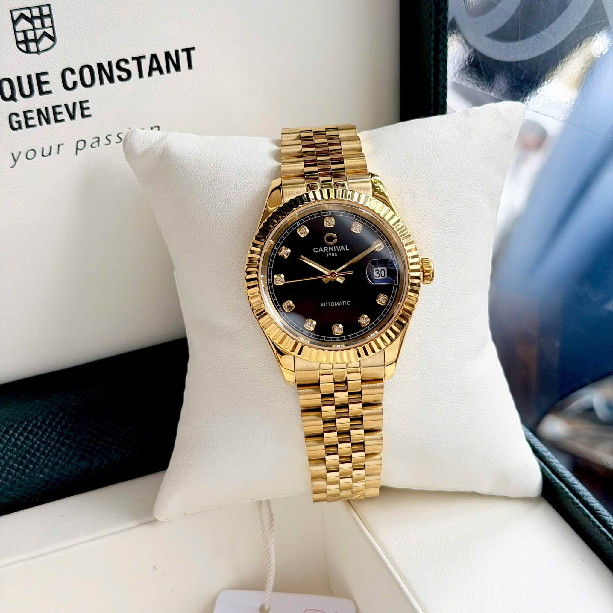 Đồng Hồ Nam Carnival 8250G-VV-D Automatic Dây Thép Vàng Mặt Đen Size 38mm