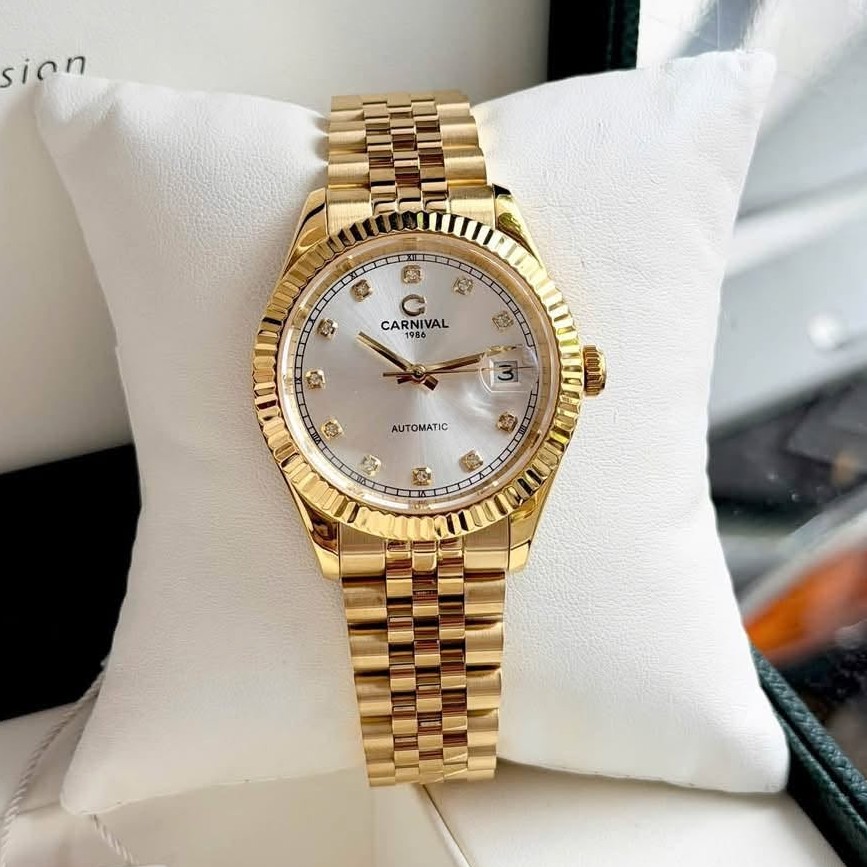 Đồng Hồ Nam Carnival 8250G-VV-T Automatic Dây Thép Vàng Mặt Trắng Size 38mm