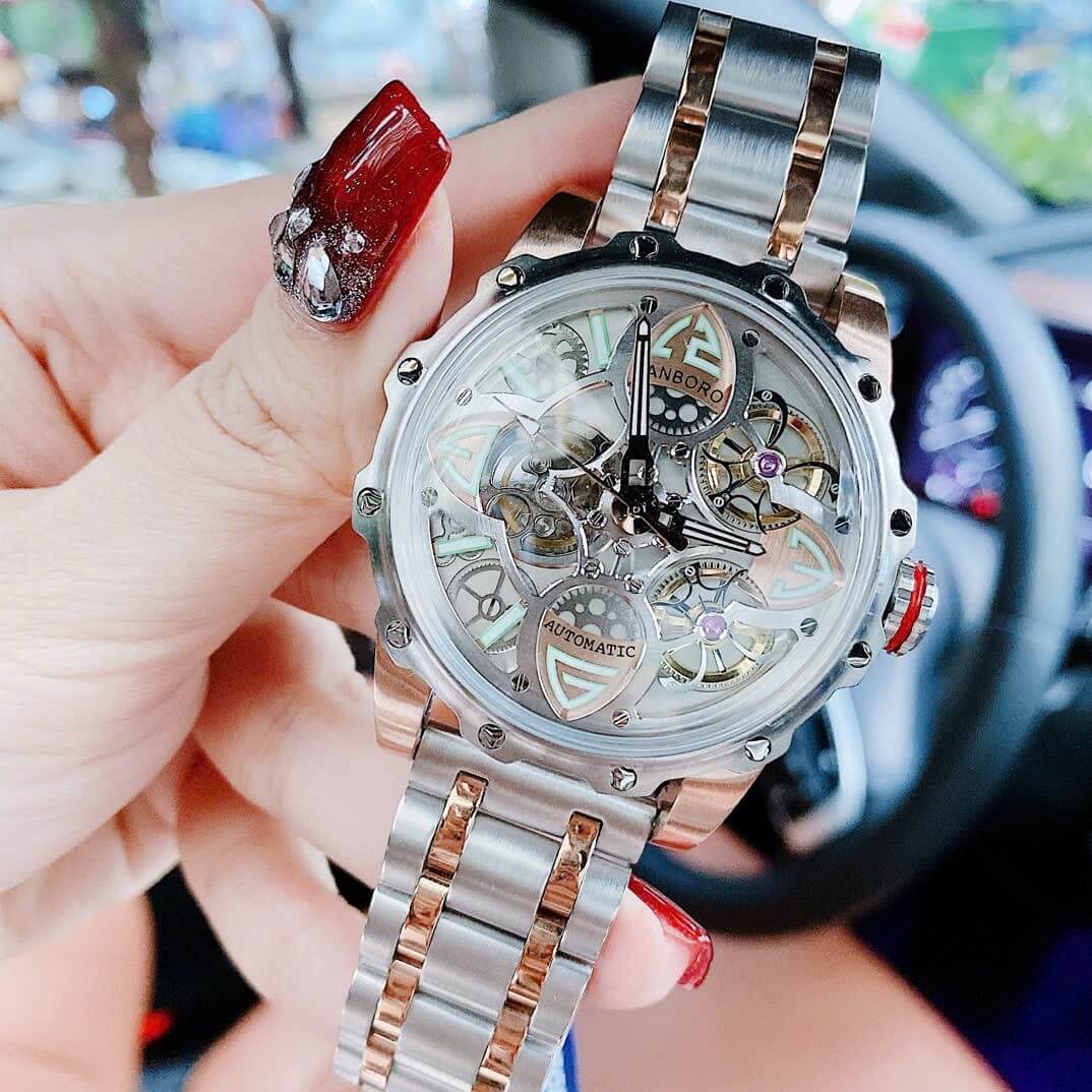 Đồng Hồ Nam Hanboro 8851 Máy Tự Động Skeleton Kim Loại Demi Vàng Hồng Size 44mm